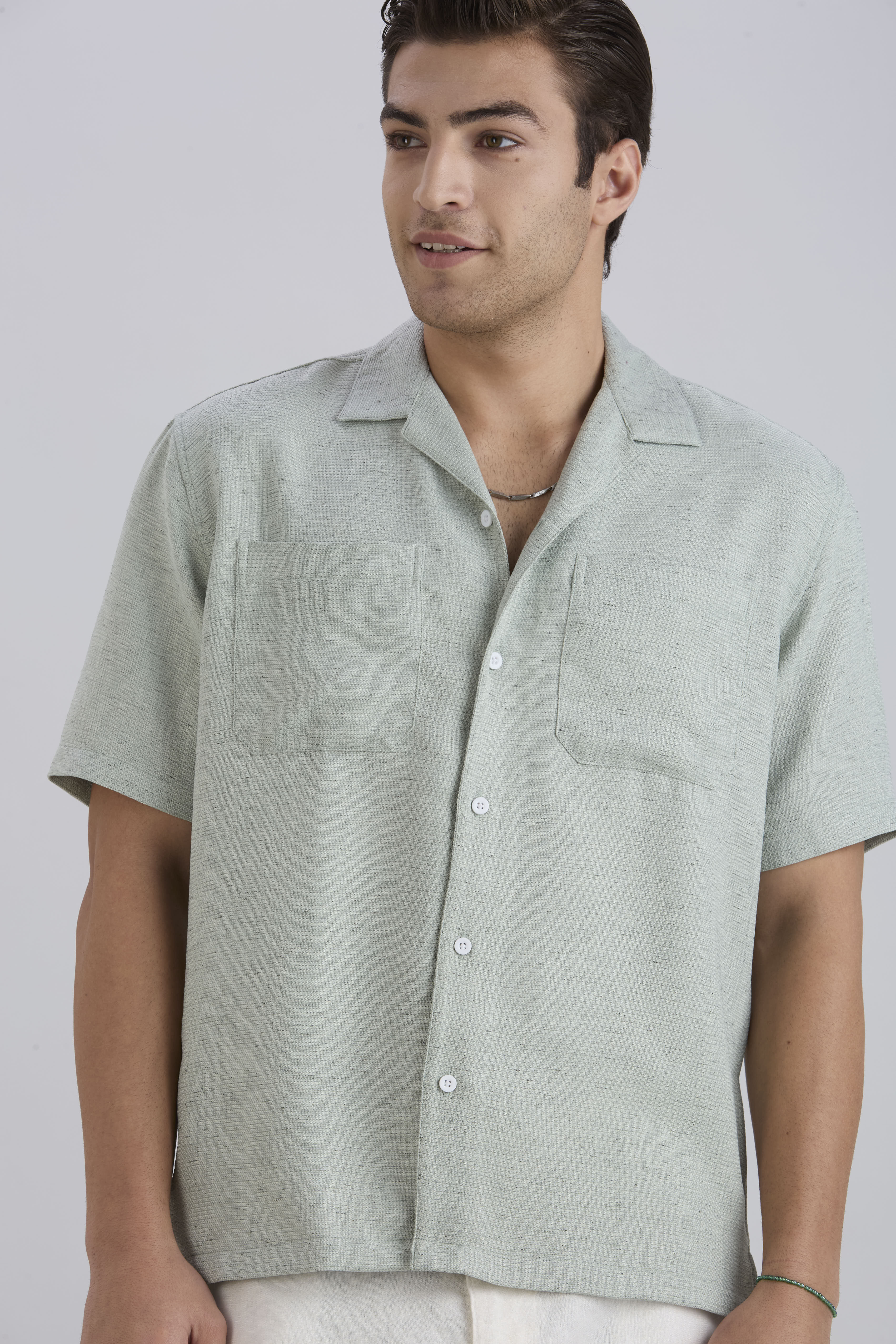 Matrix Half-Sleeves Double Pocket Cuban Collar Shirt - Green