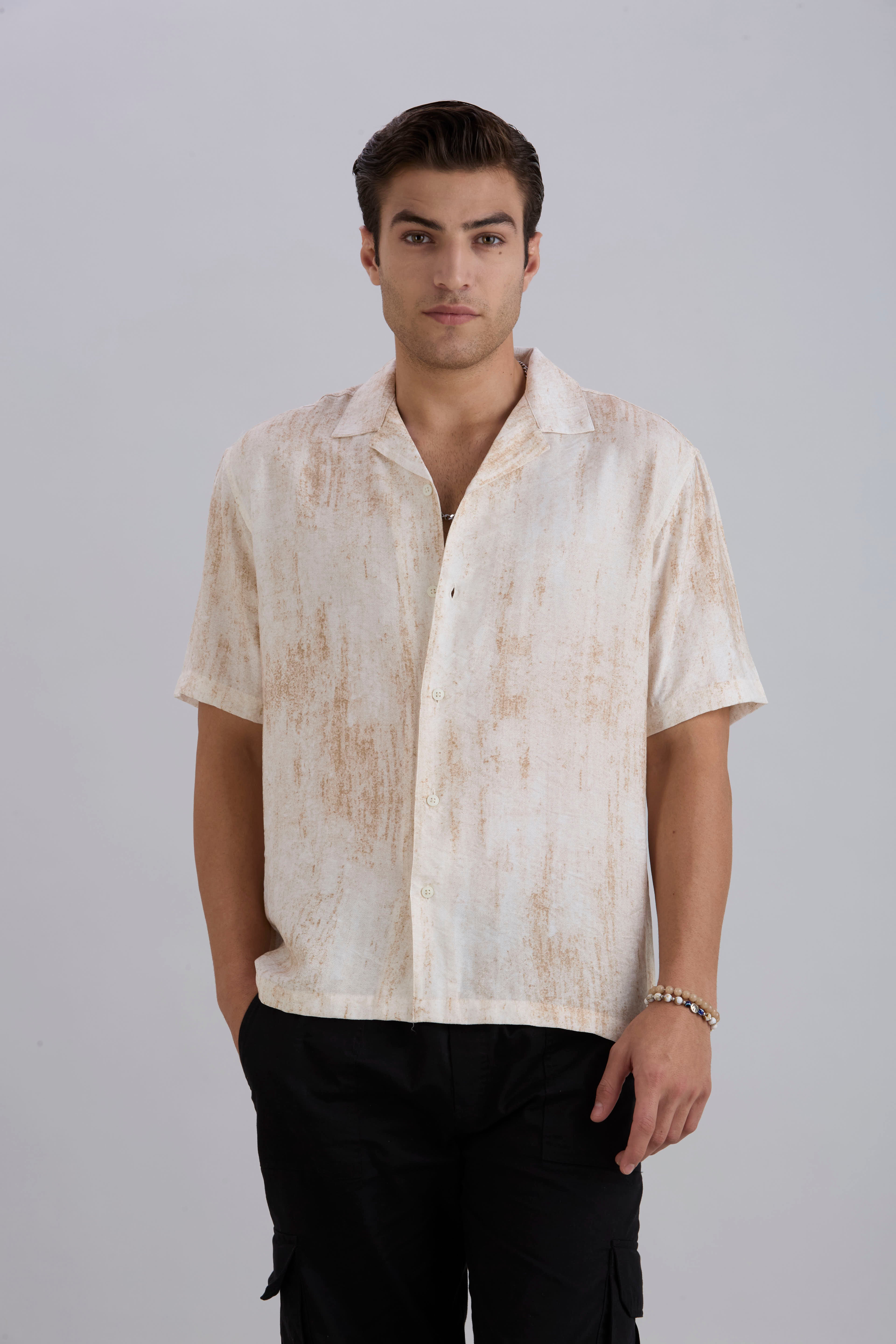 Splatter Half-Sleeves Printed Cuban Collar Shirt - Brown