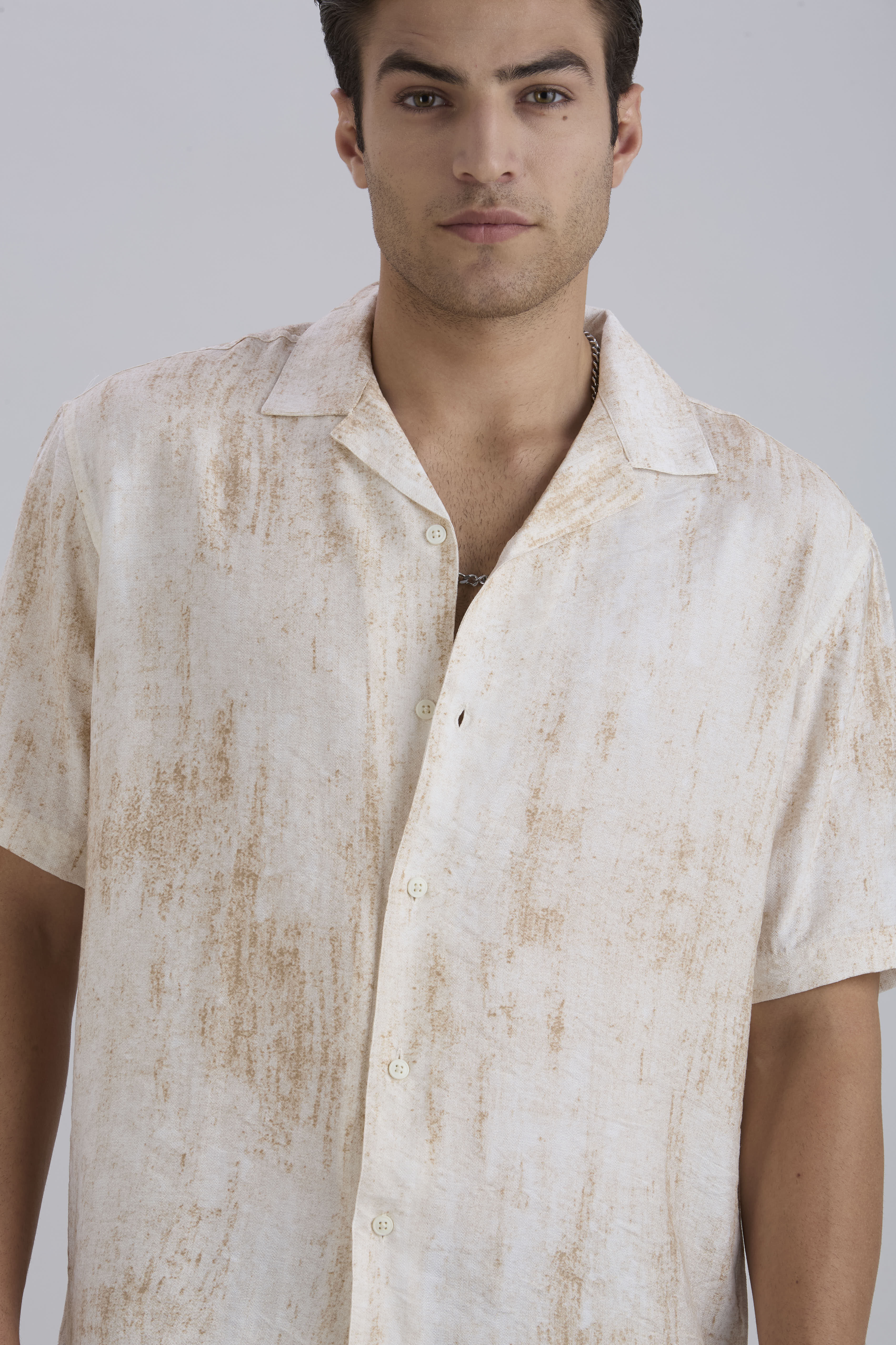 Splatter Half-Sleeves Printed Cuban Collar Shirt - Brown