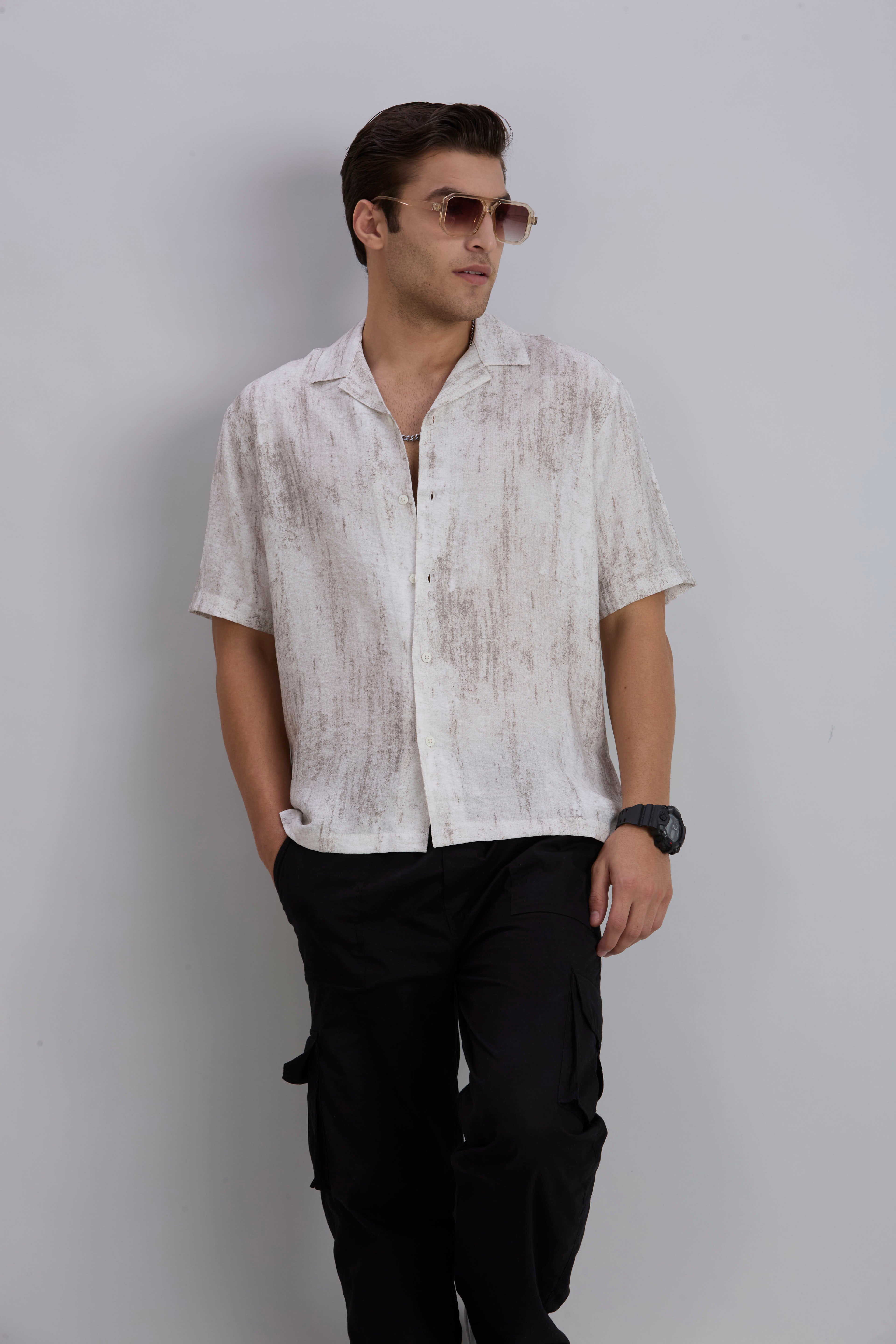 Splatter Half-Sleeves Printed Cuban Collar Shirt - Grey