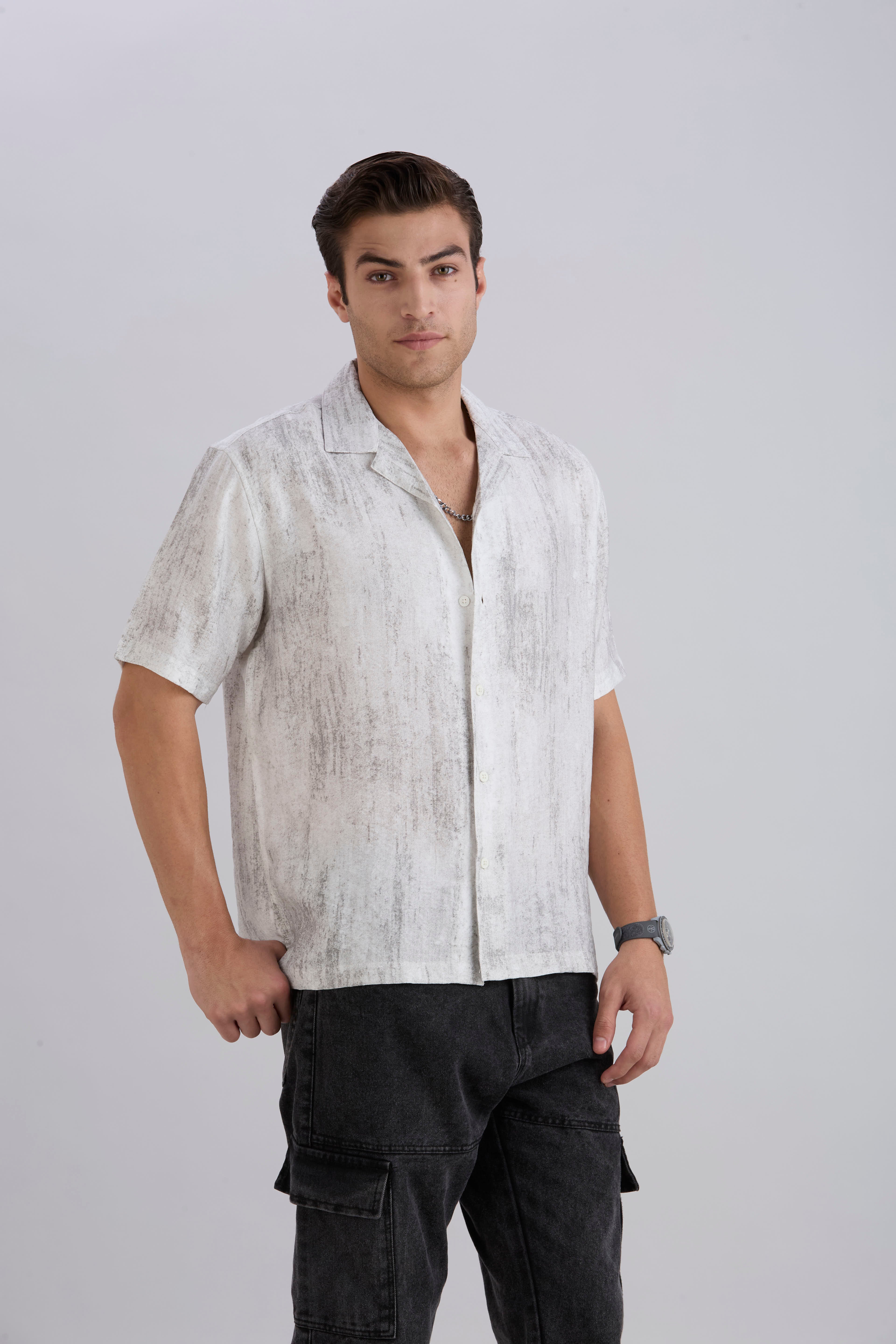 Splatter Half-Sleeves Printed Cuban Collar Shirt - Black