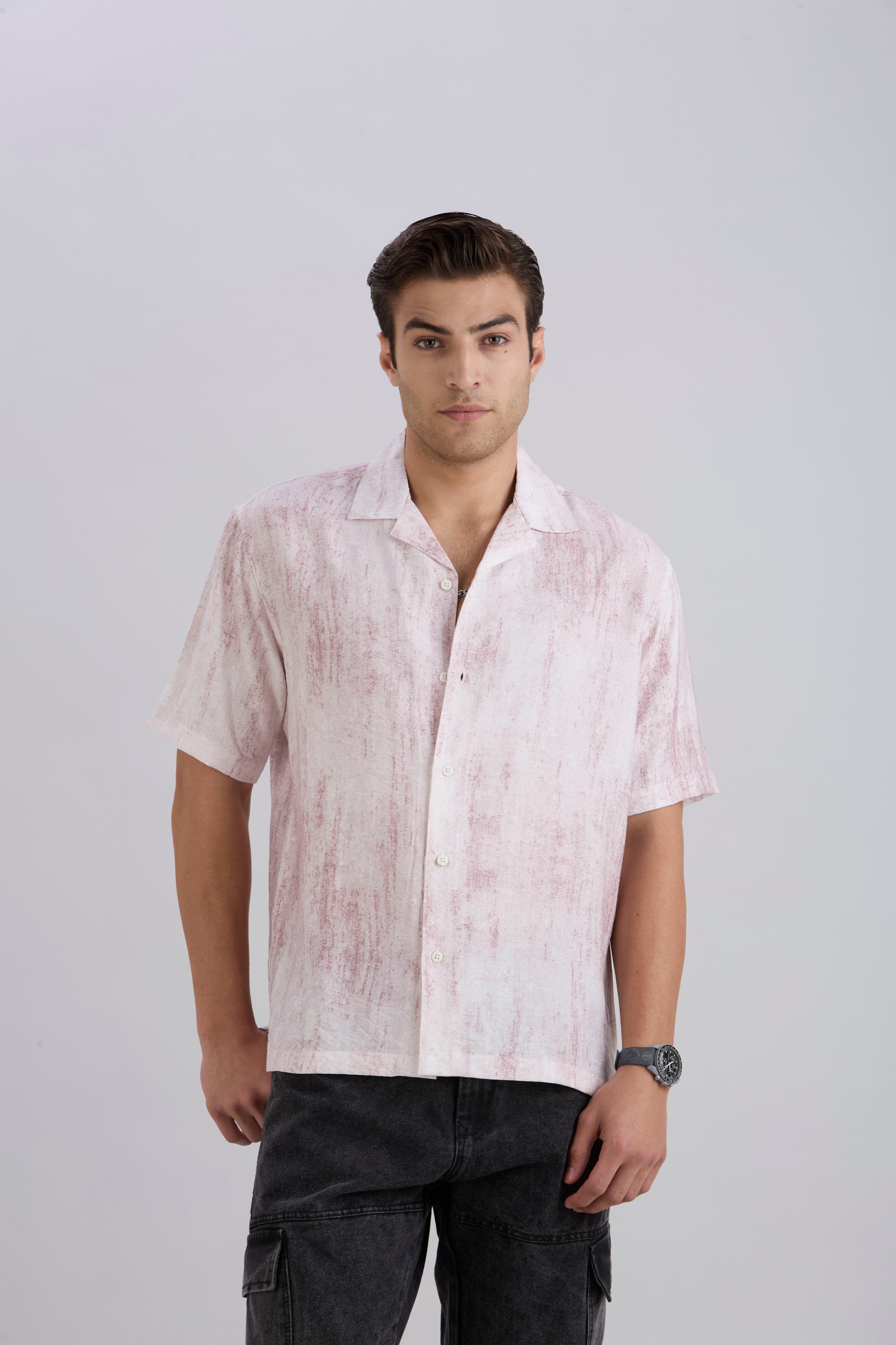Splatter Half-Sleeves Printed Cuban Collar Shirt - Maroon