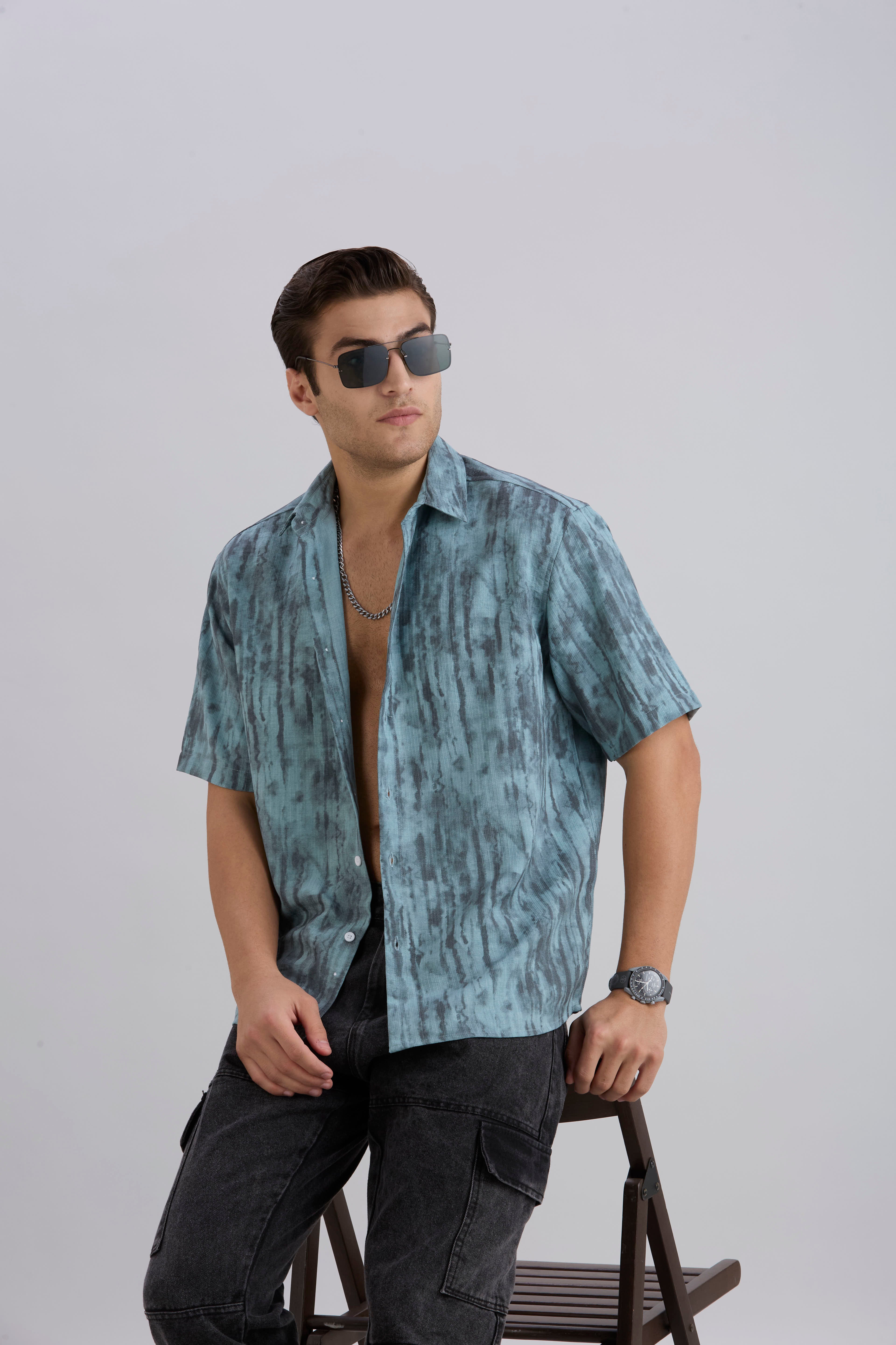 Mist Half-Sleeves Textured shirt - Blue