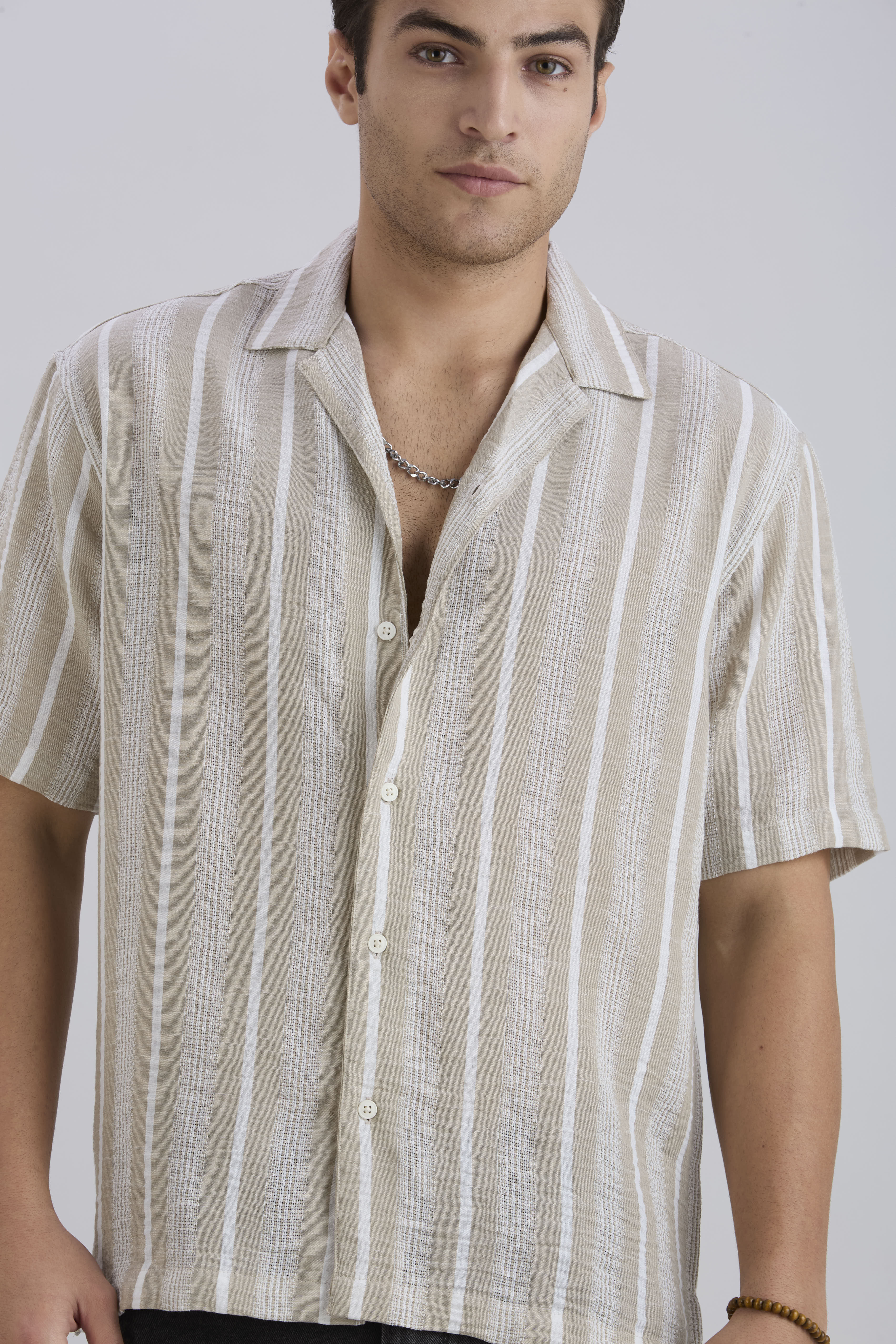 Span Half-Sleeves Striped Cuban Collar Shirt - Light Brown