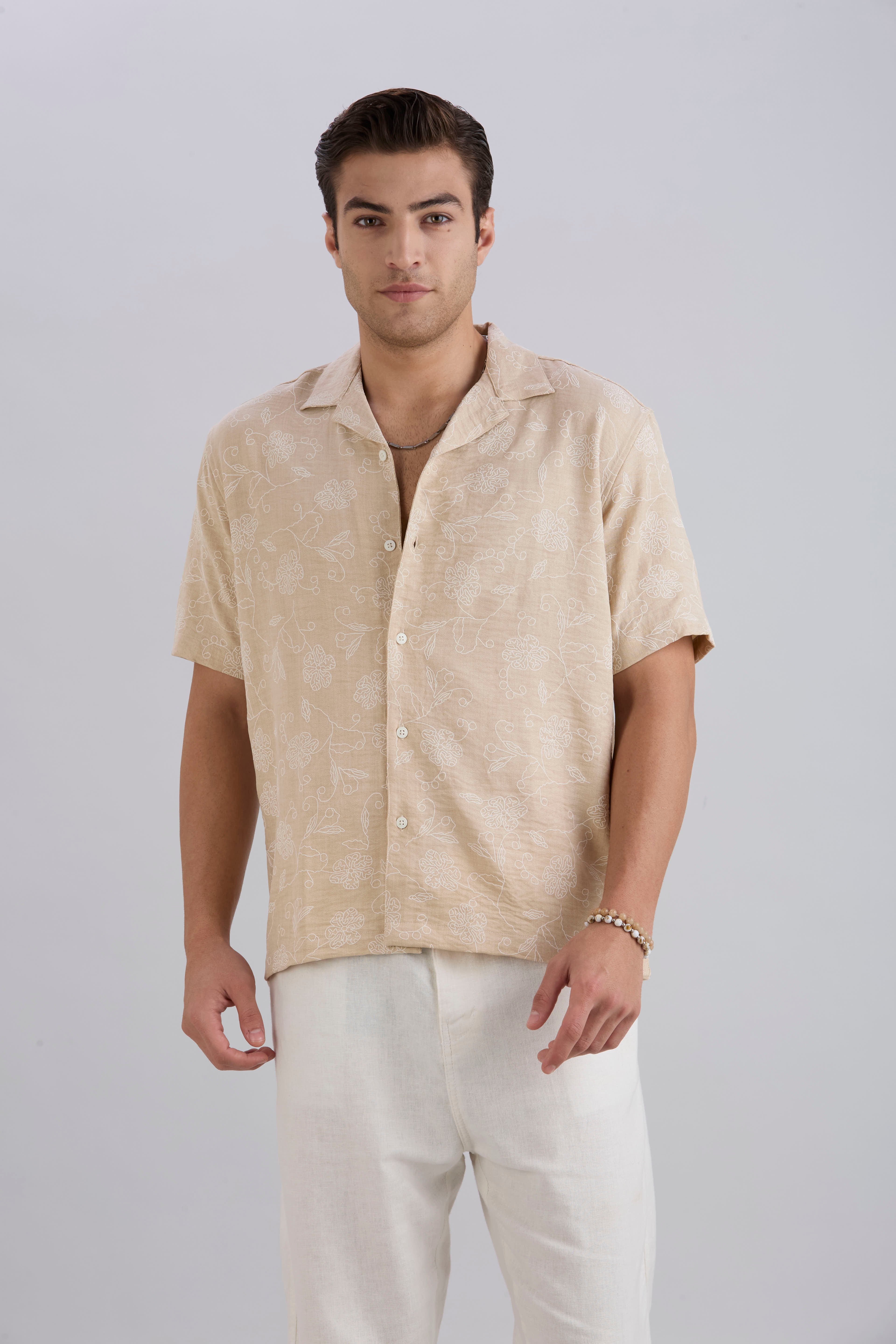 Aura Half-Sleeves Printed Cuban Collar Shirt - Cream