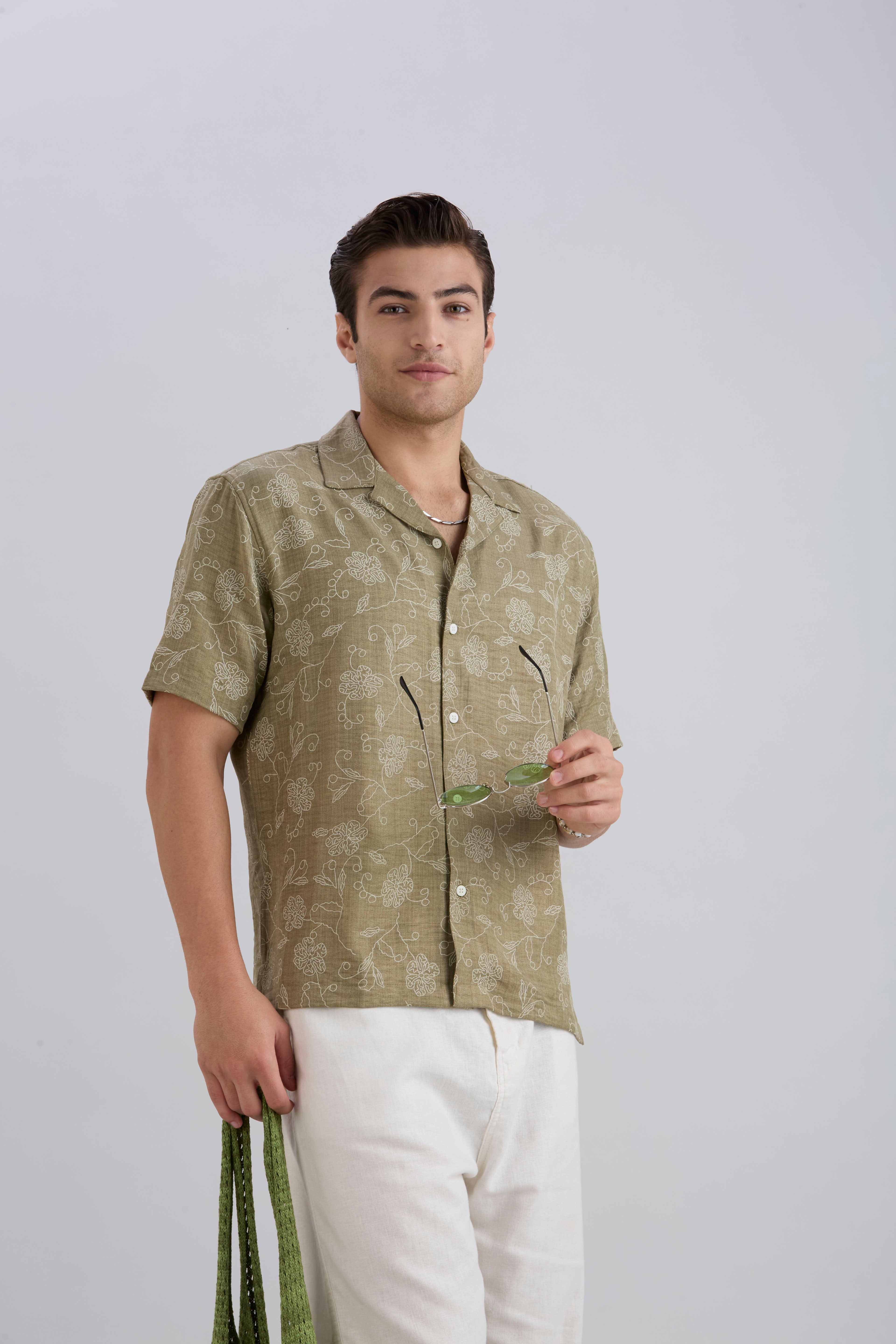 Aura Half-Sleeves Printed Cuban Collar Shirt - Green