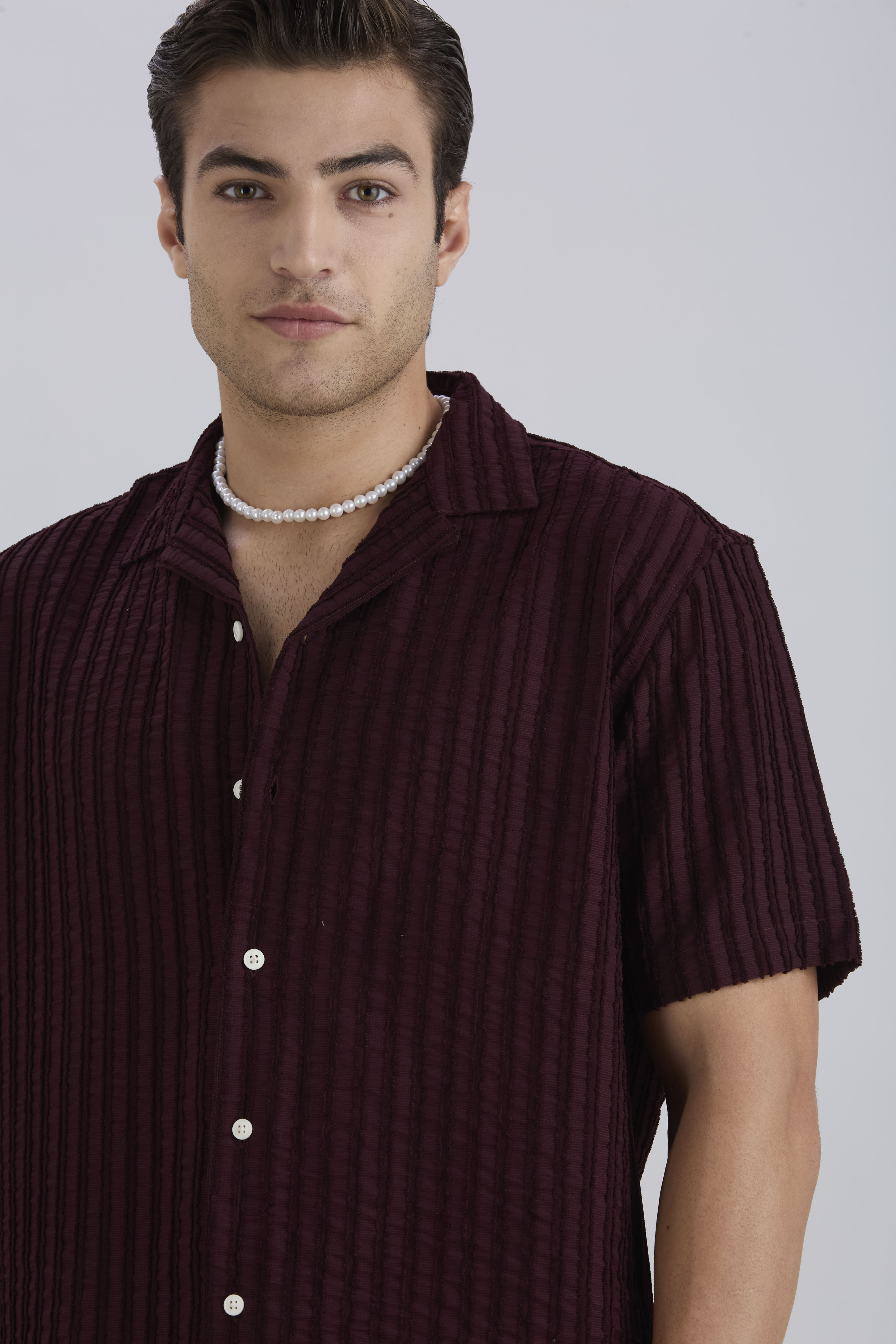 Mark Half-Sleeves Textured Cuban Collar Shirt - Maroon