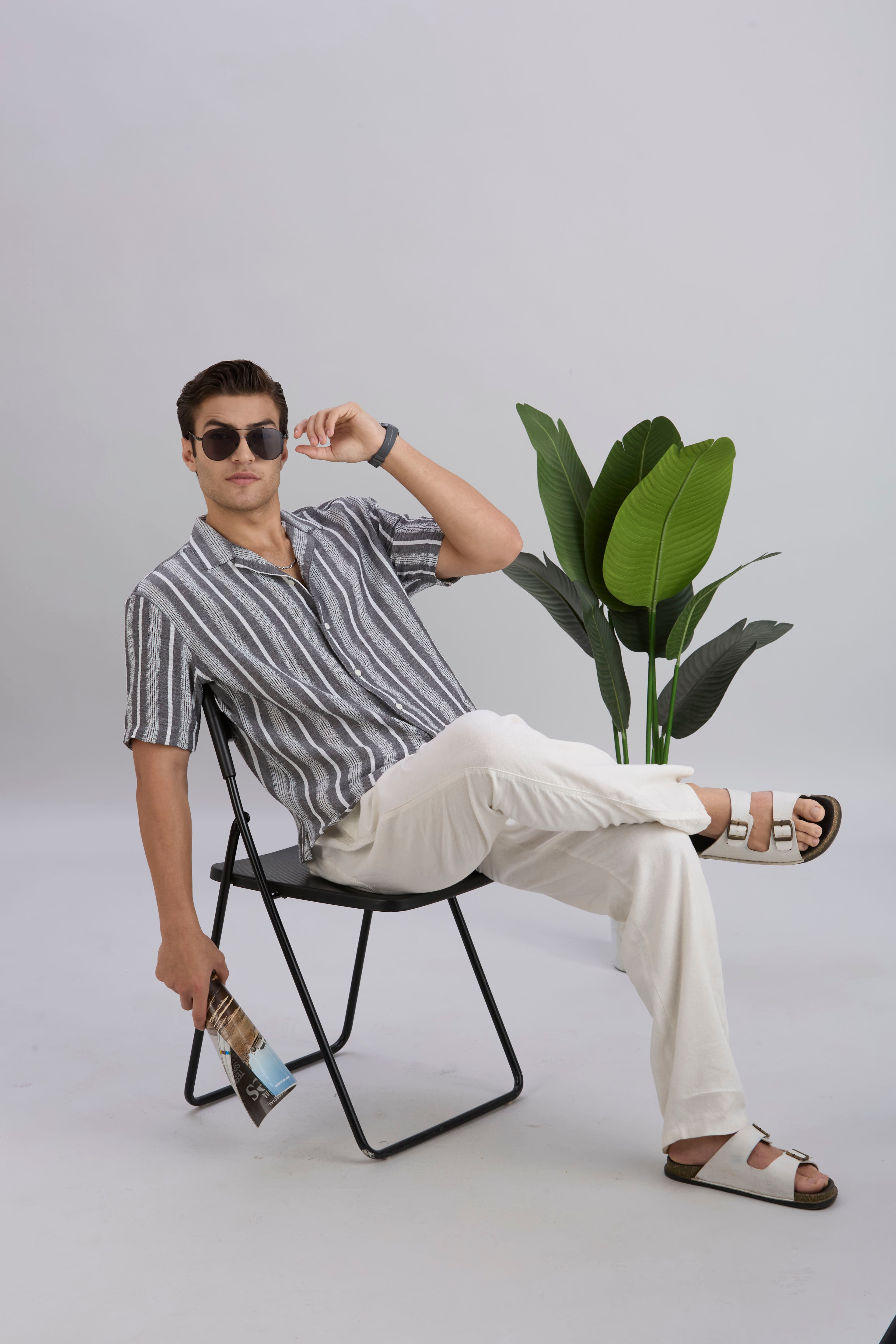 Span Half-Sleeves Striped Cuban Collar Shirt - Black