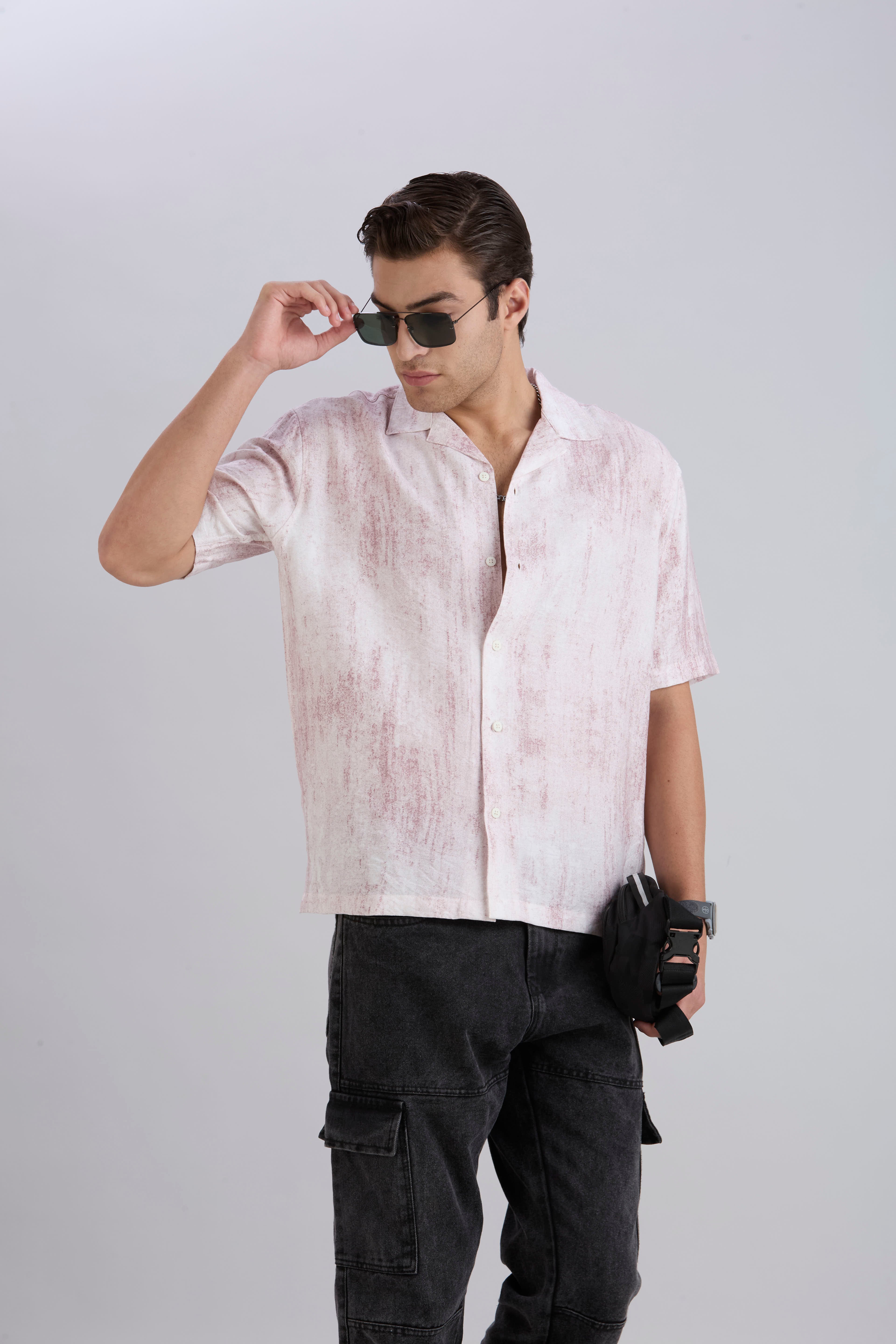 Splatter Half-Sleeves Printed Cuban Collar Shirt - Maroon
