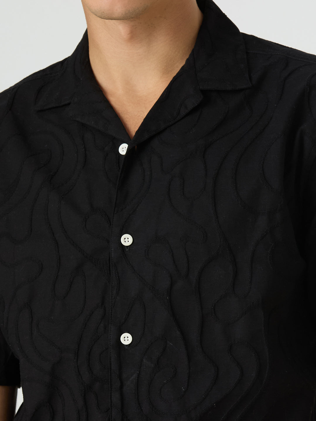 Olive Half-Sleeves Textured Cuban Collar Shirt - Black