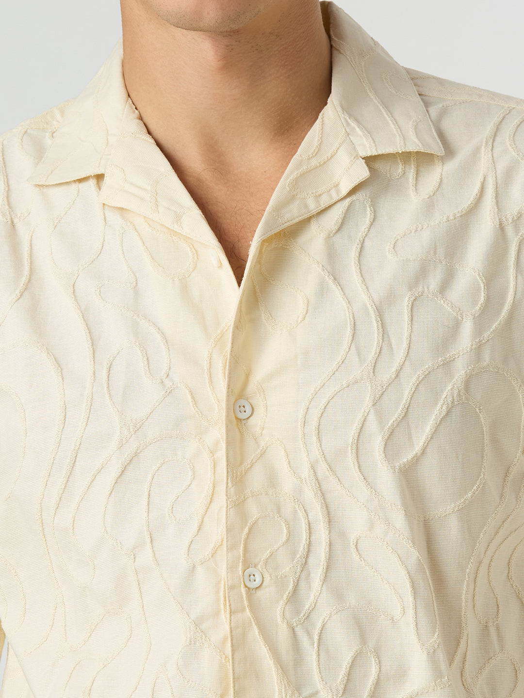 Olive Half-Sleeves Textured Cuban Collar Shirt - Cream