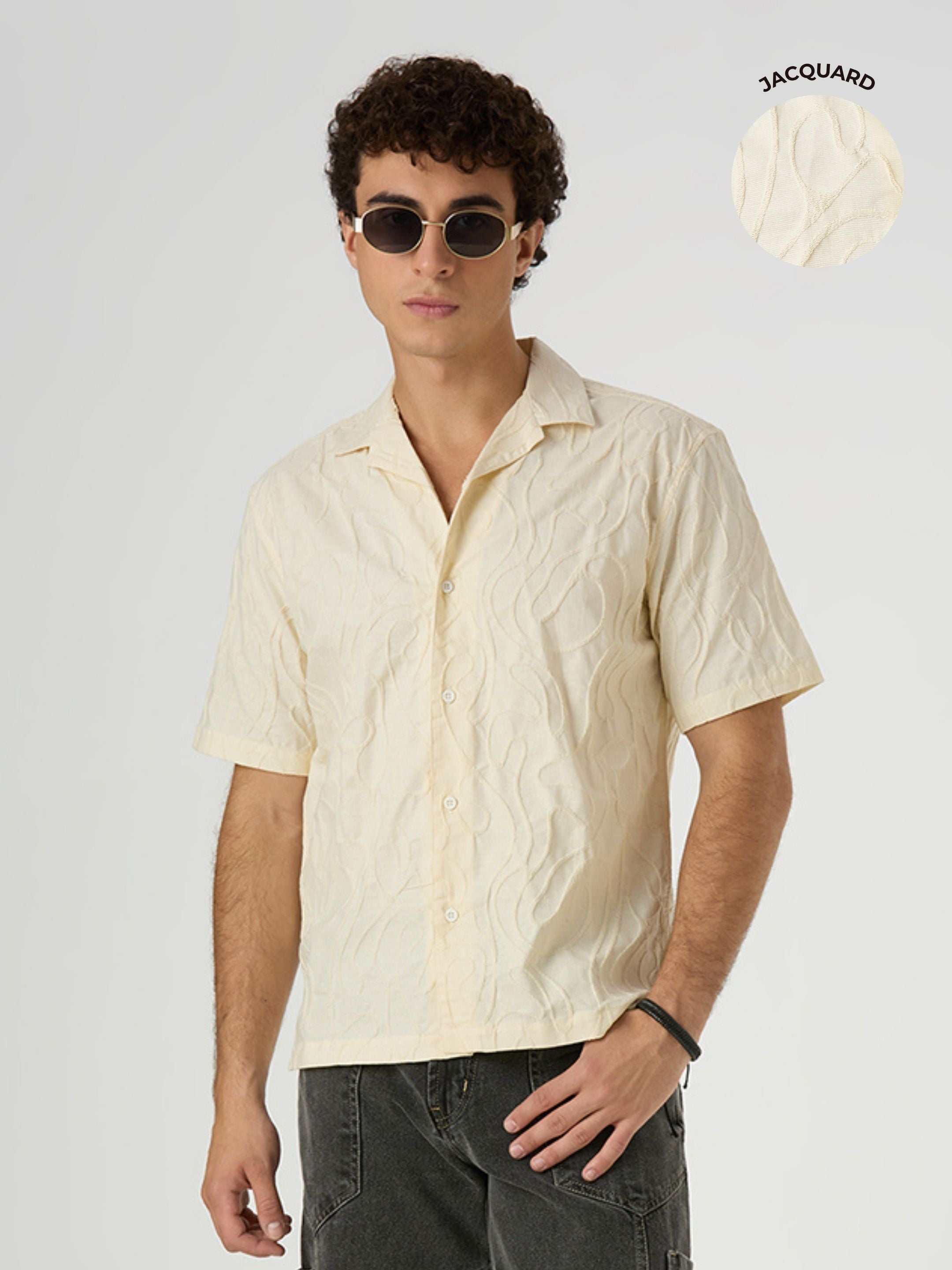 Olive Half-Sleeves Textured Cuban Collar Shirt - Cream