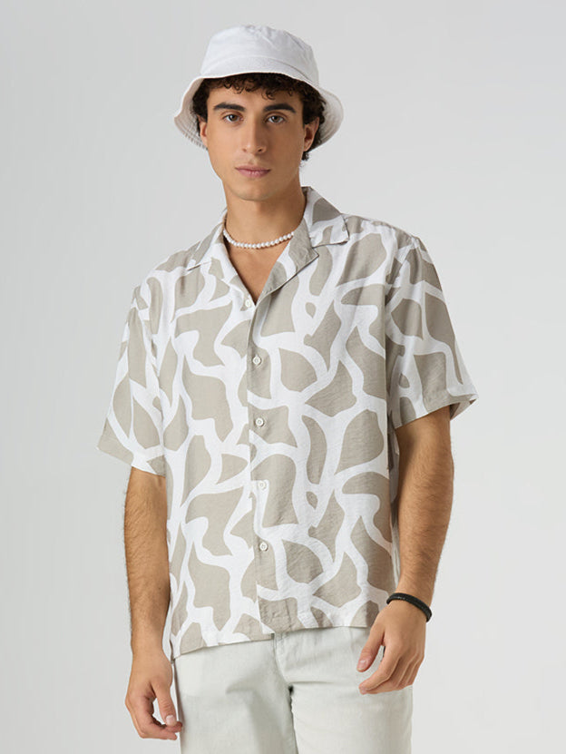 Pebble Half-Sleeves Printed Cuban Collar Shirt - Sand