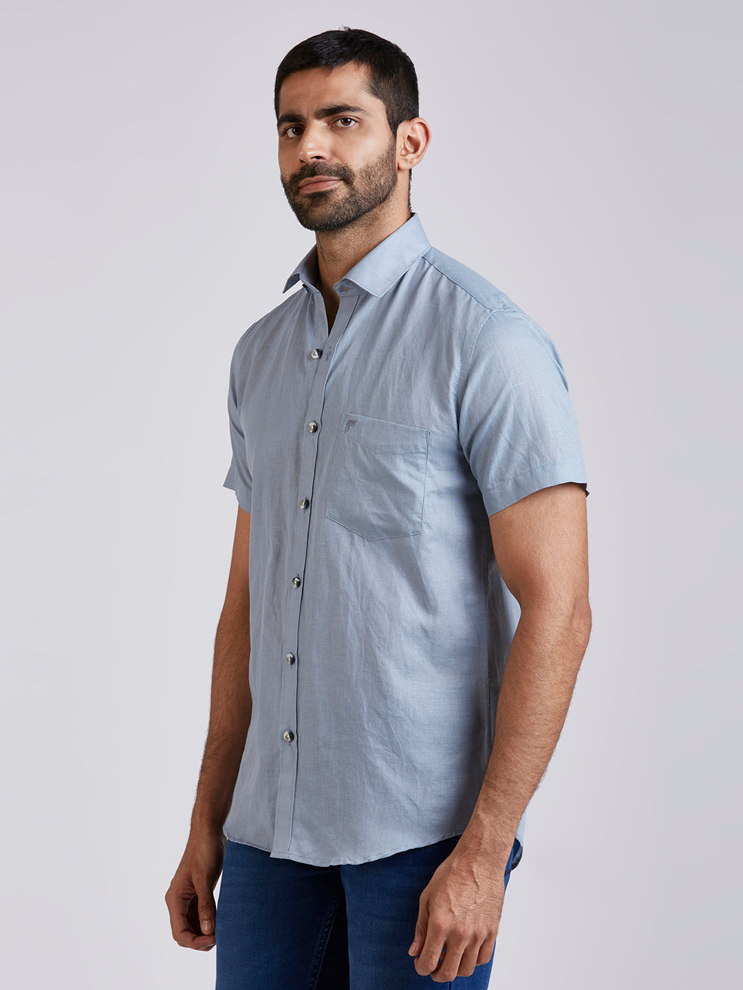 Mozark - Linen Half Sleeve Shirt - Blue