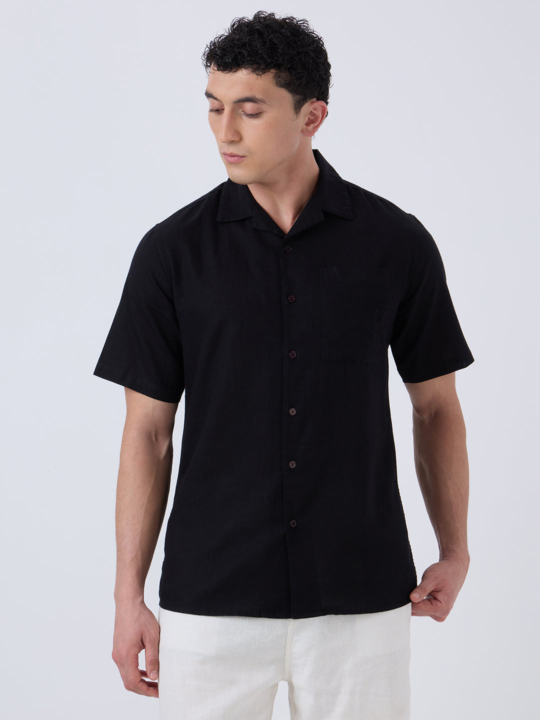 Santorini Half-Sleeves Linen Shirt - Black