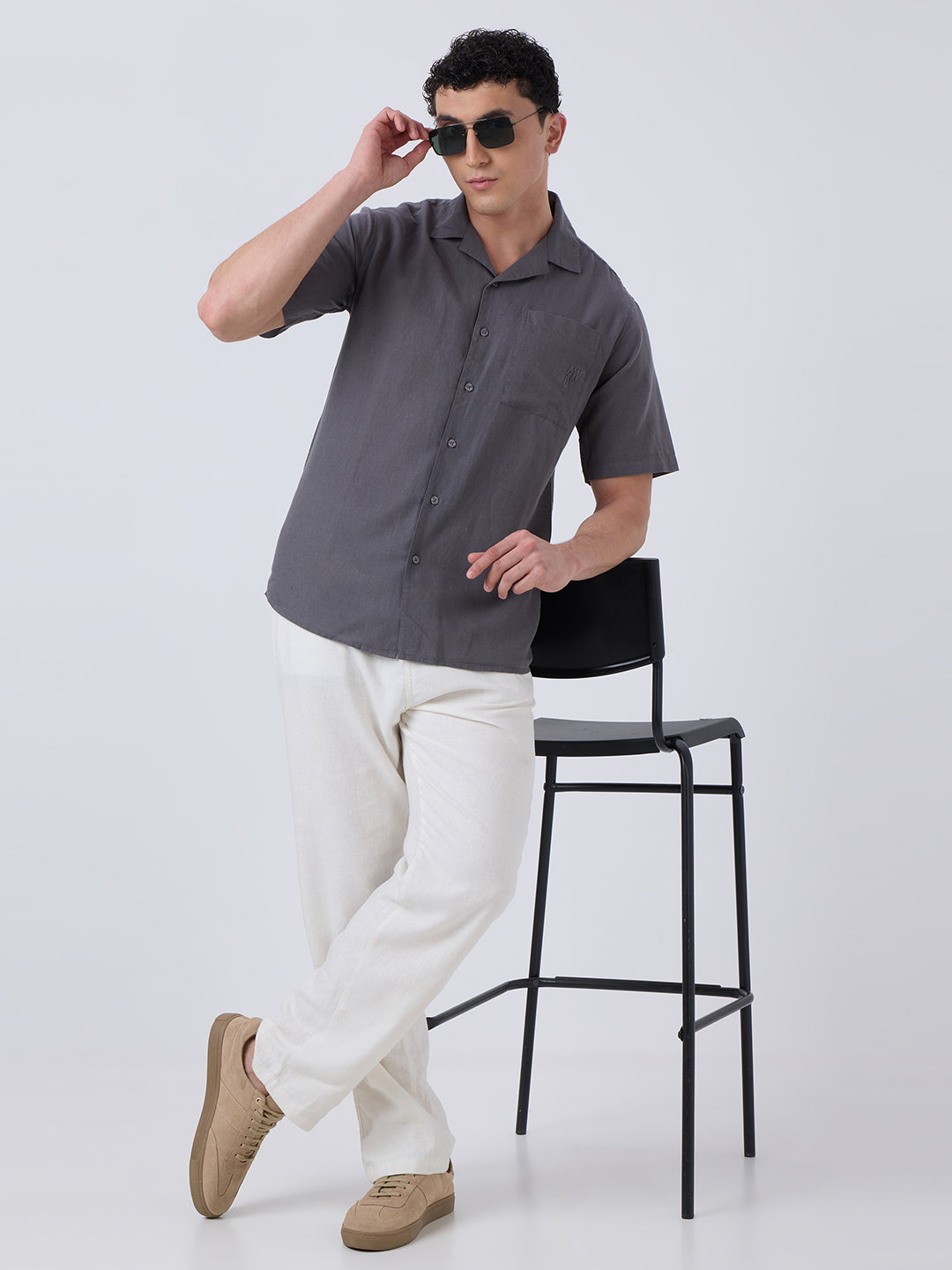 Santorini Half-Sleeves Linen Shirt - Grey