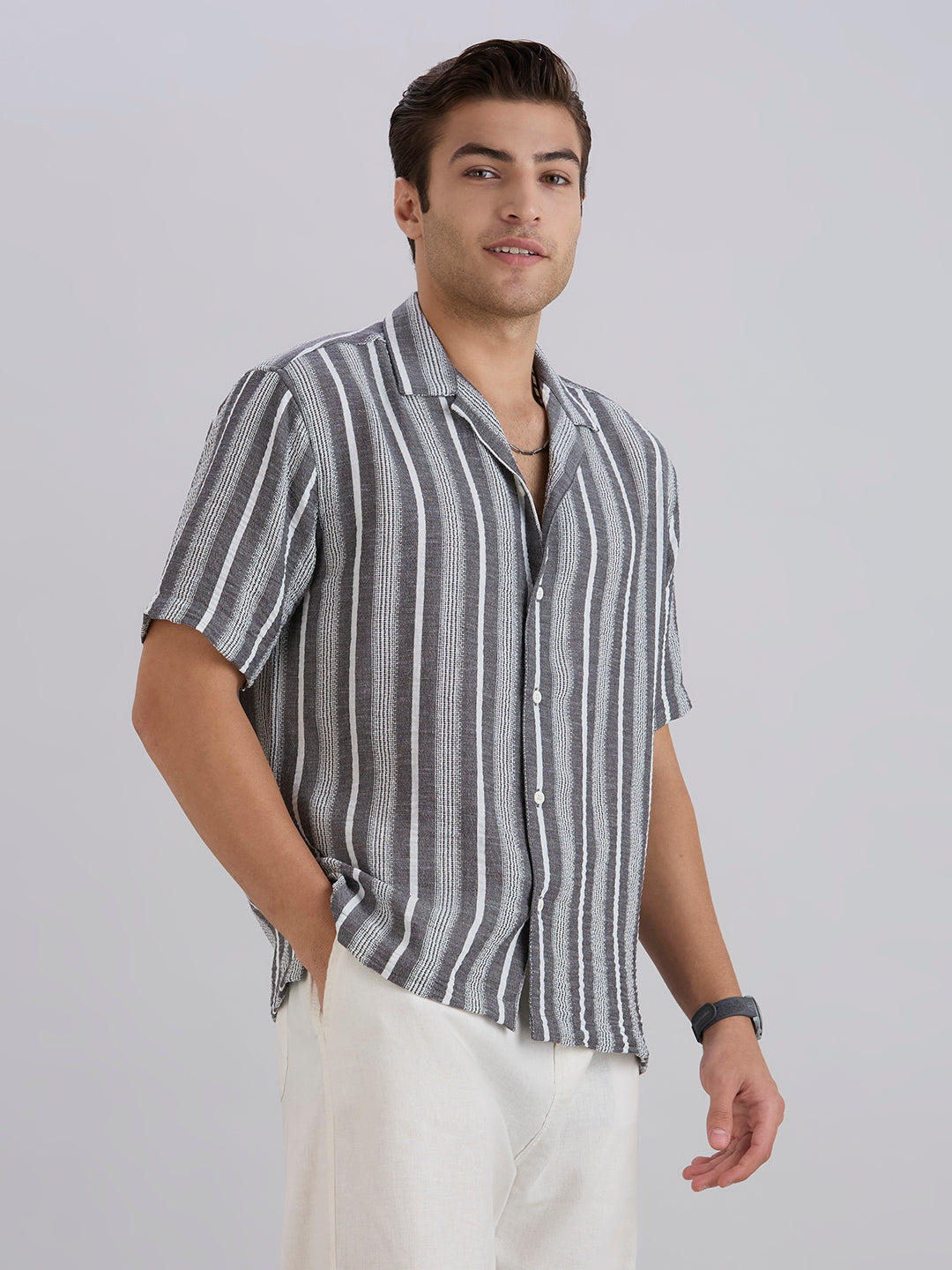 Span Half-Sleeves Striped Cuban Collar Shirt - Black