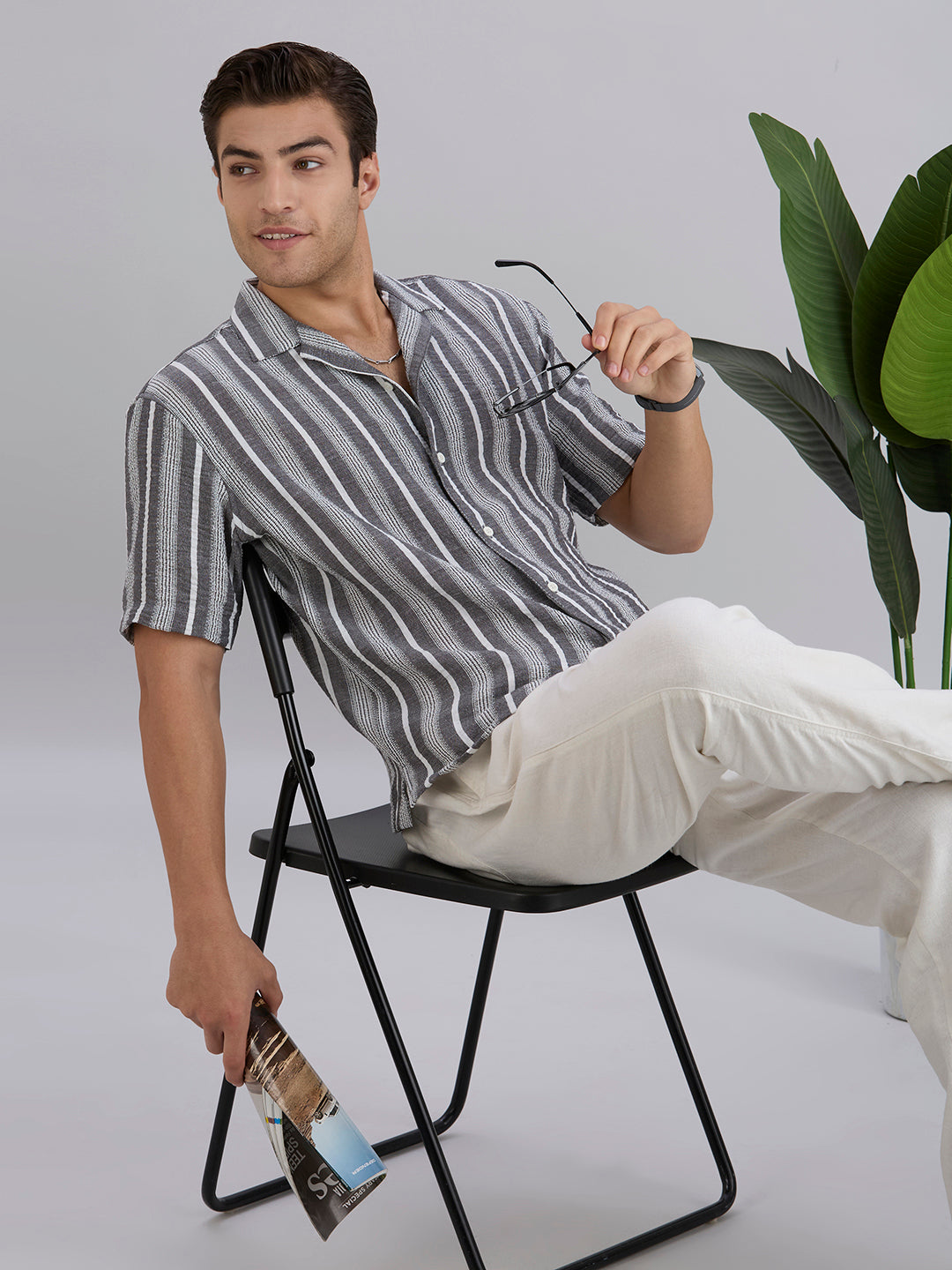 Span Half-Sleeves Striped Cuban Collar Shirt - Black