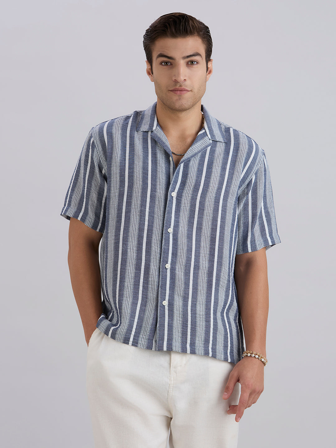 Span Half-Sleeves Striped Cuban Collar Shirt - Blue