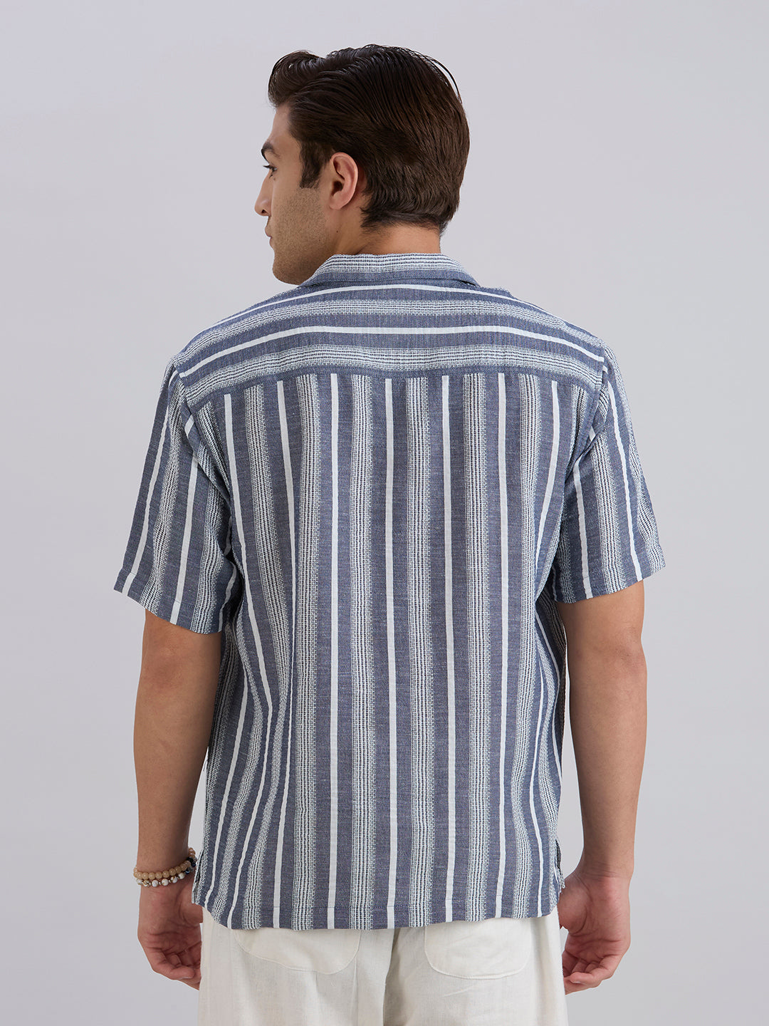 Span Half-Sleeves Striped Cuban Collar Shirt - Blue