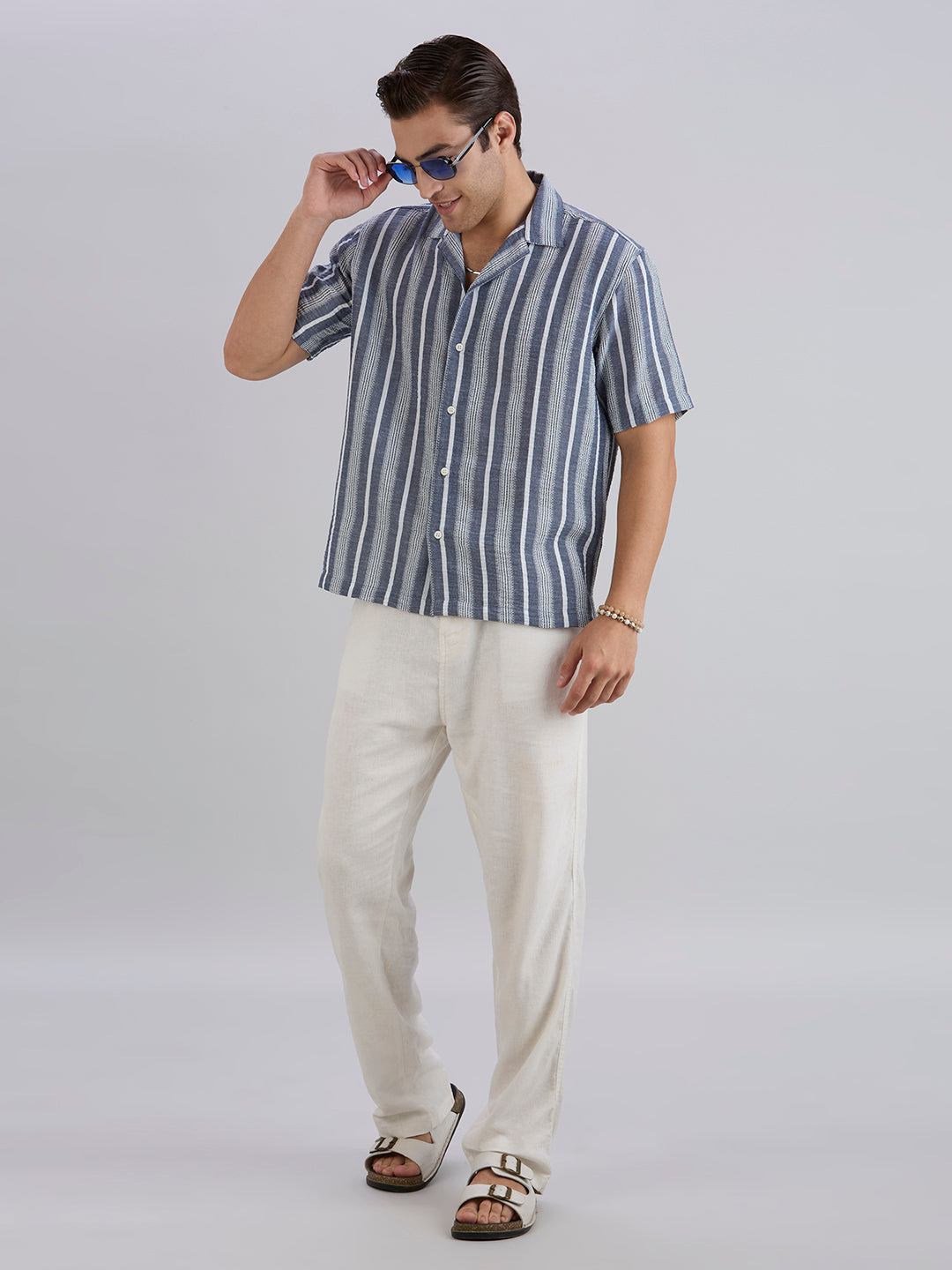 Span Half-Sleeves Striped Cuban Collar Shirt - Blue