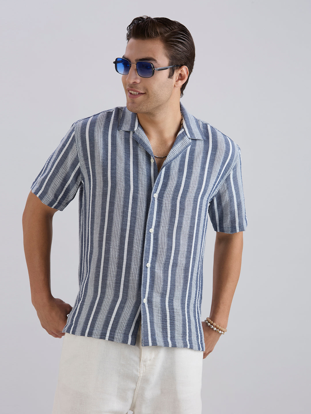 Span Half-Sleeves Striped Cuban Collar Shirt - Blue