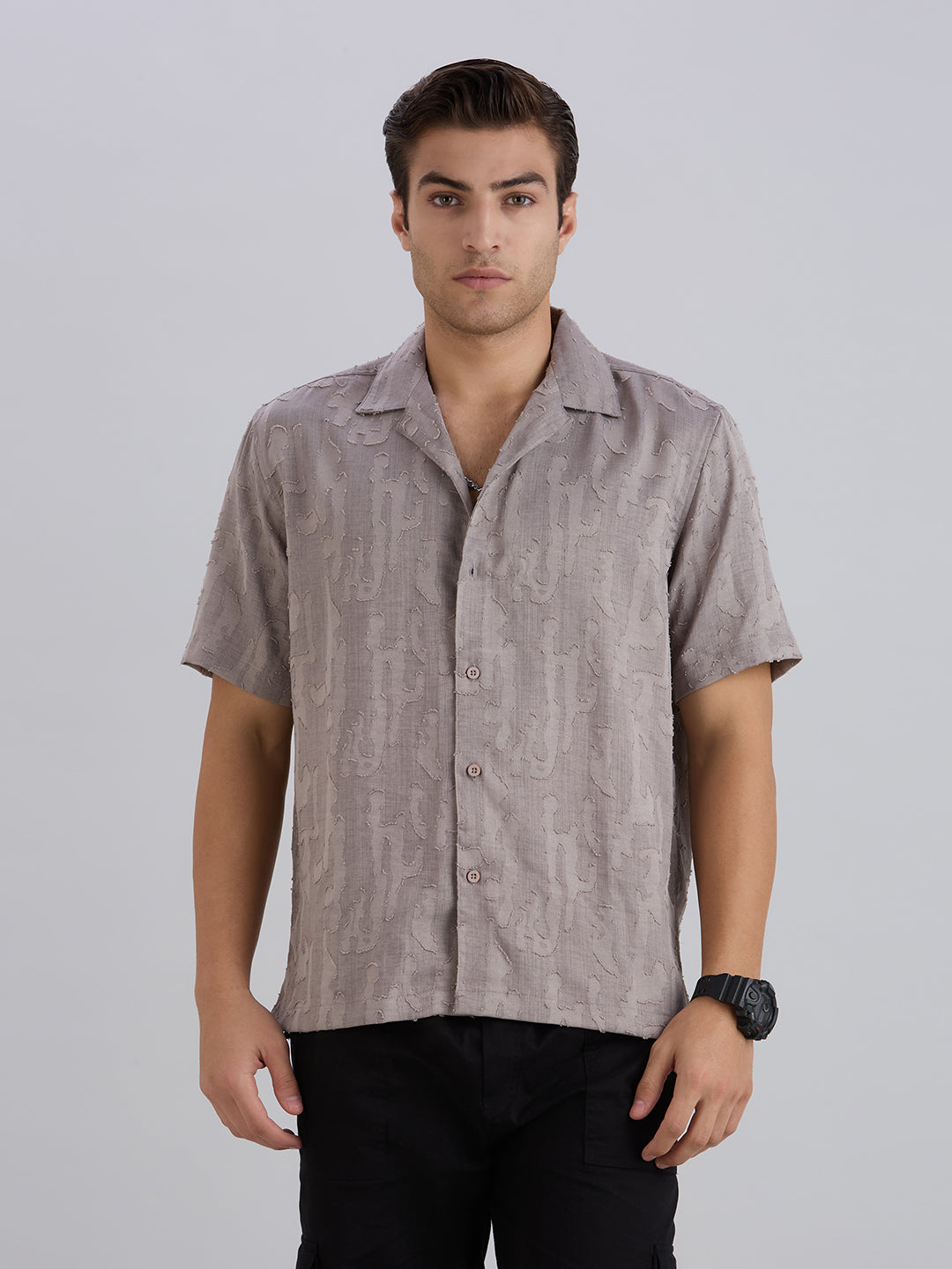 Fossil Half-Sleeves Textured Cuban Collar Shirt - Grey