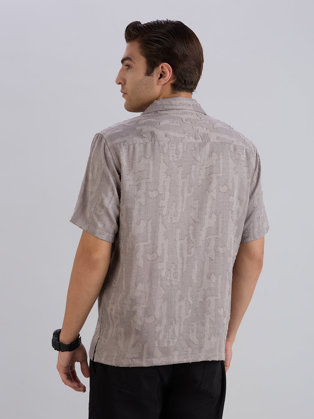 Fossil Half-Sleeves Textured Cuban Collar Shirt - Grey