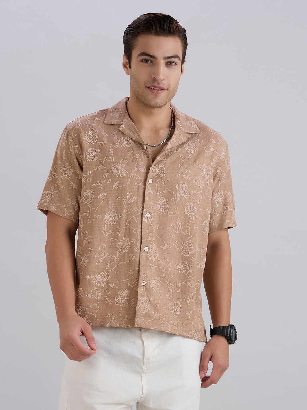 Aura Half-Sleeves Printed Cuban Collar Shirt - Brown