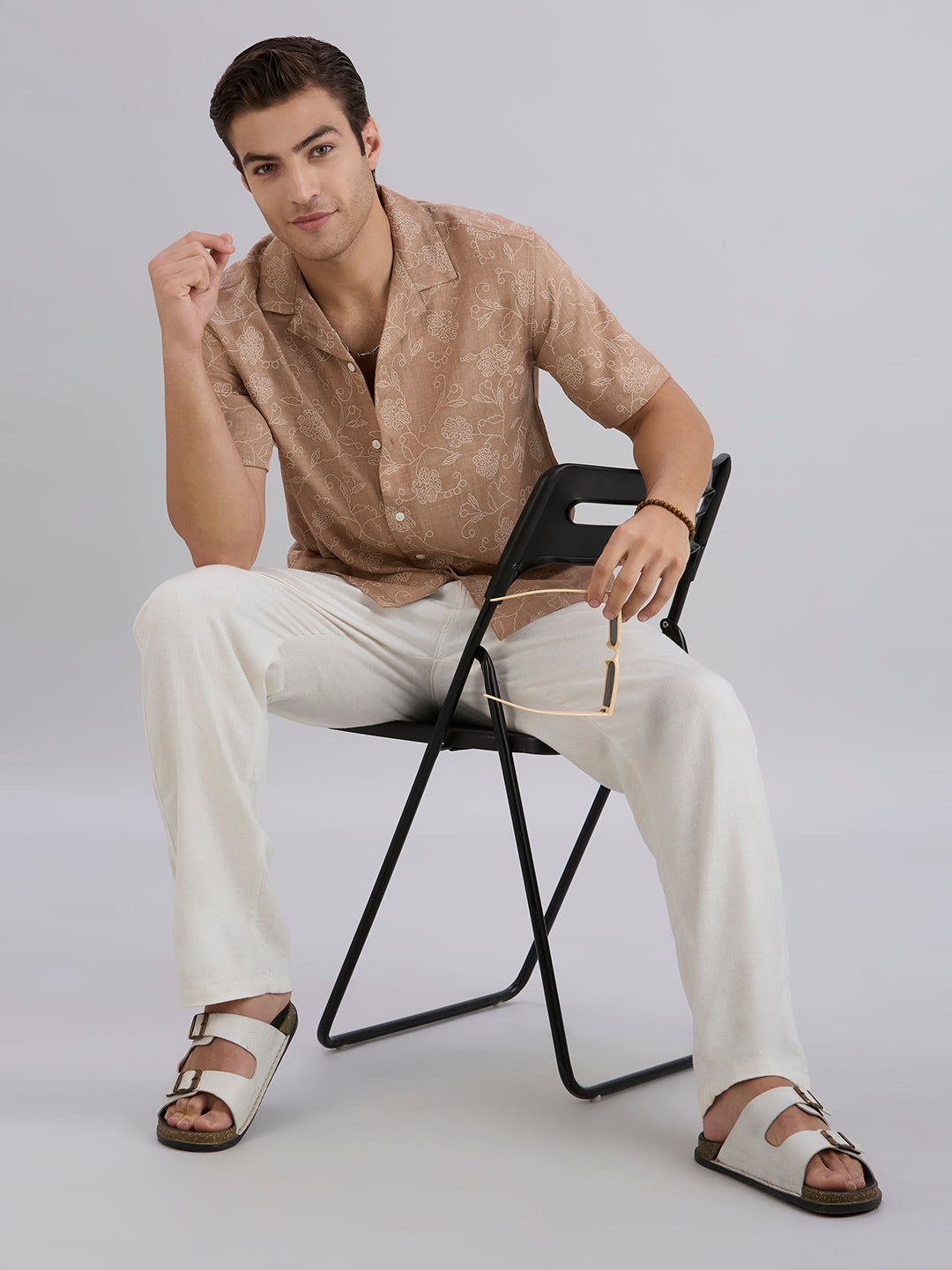 Aura Half-Sleeves Printed Cuban Collar Shirt - Brown