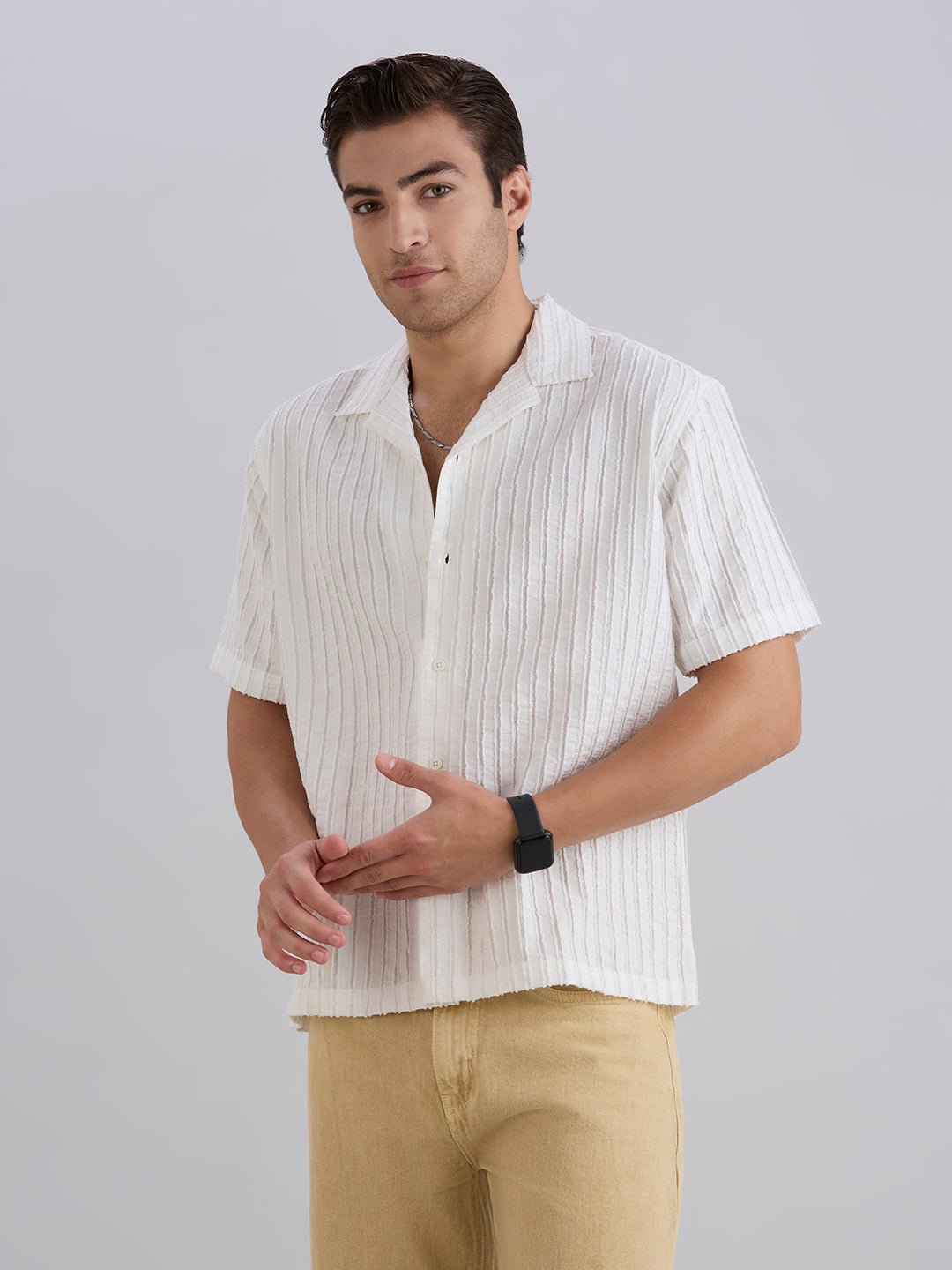Mark Half-Sleeves Textured Cuban Collar Shirt - White