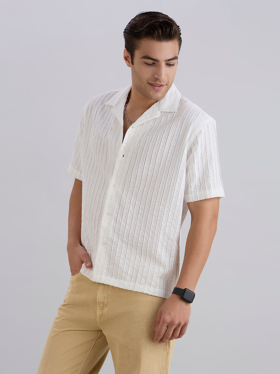 Mark Half-Sleeves Textured Cuban Collar Shirt - White