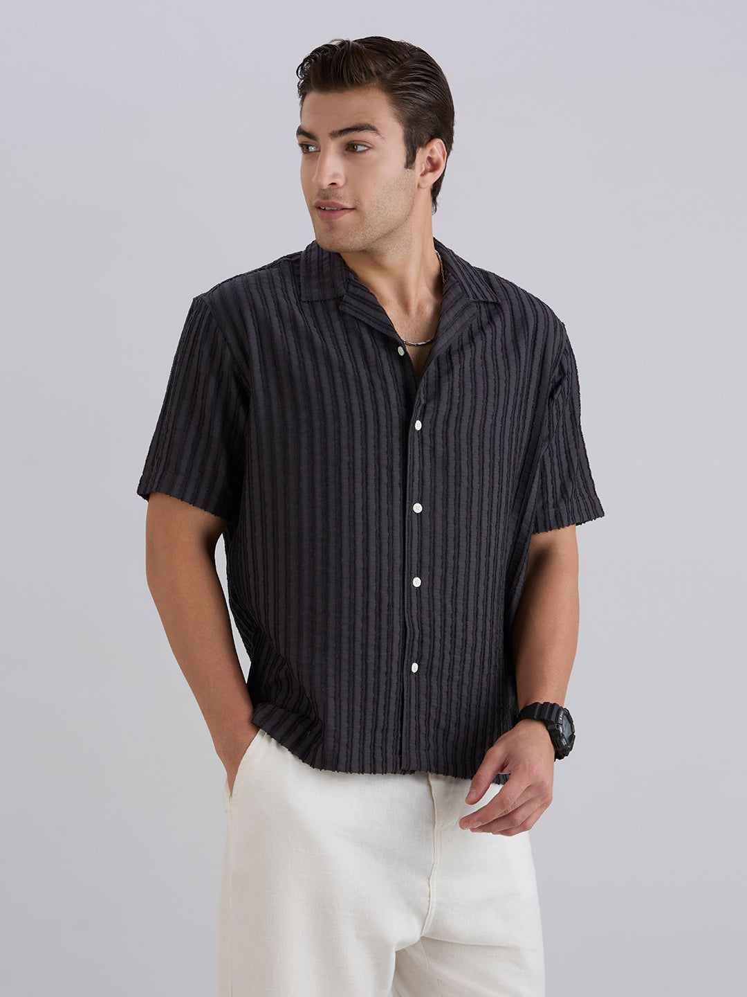 Mark Half-Sleeves Textured Cuban Collar Shirt - Dark Grey