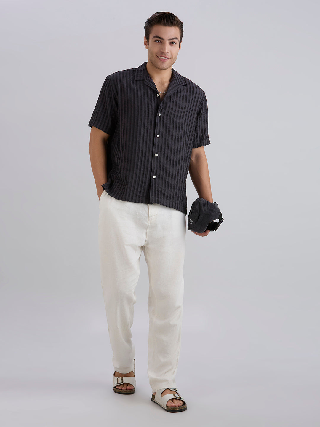 Mark Half-Sleeves Textured Cuban Collar Shirt - Dark Grey