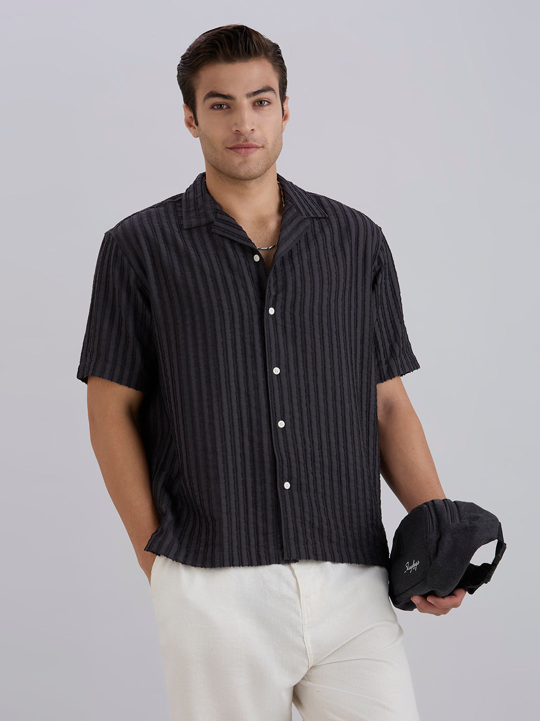 Mark Half-Sleeves Textured Cuban Collar Shirt - Dark Grey