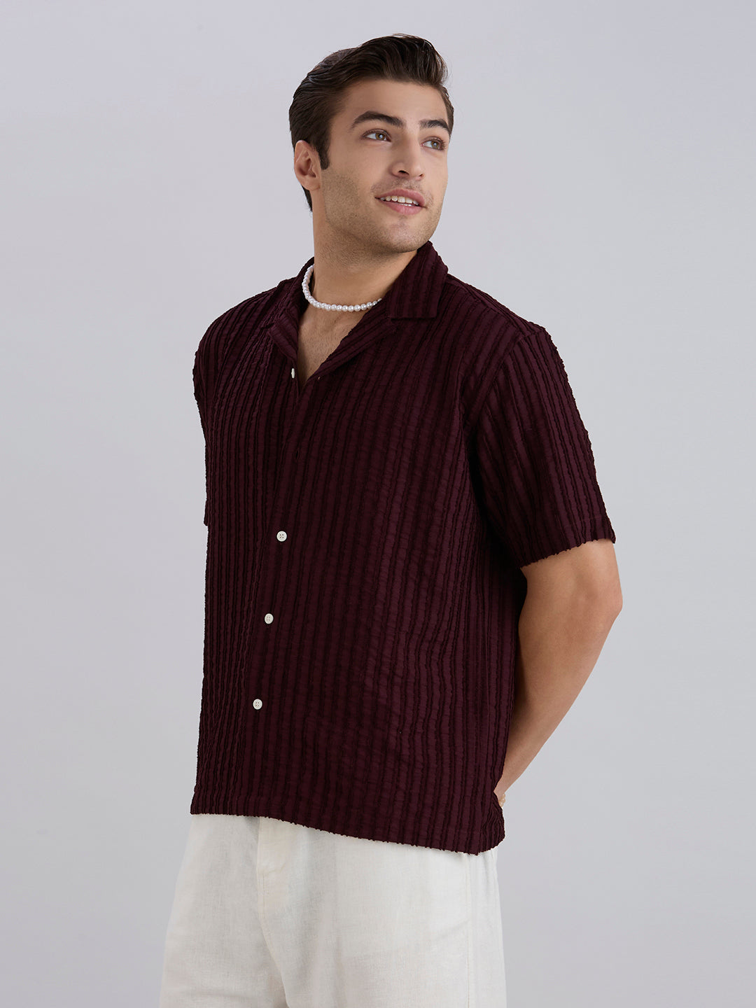 Mark Half-Sleeves Textured Cuban Collar Shirt - Maroon