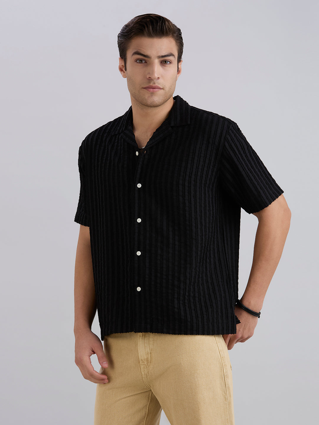 Mark Half-Sleeves Textured Cuban Collar Shirt - Black
