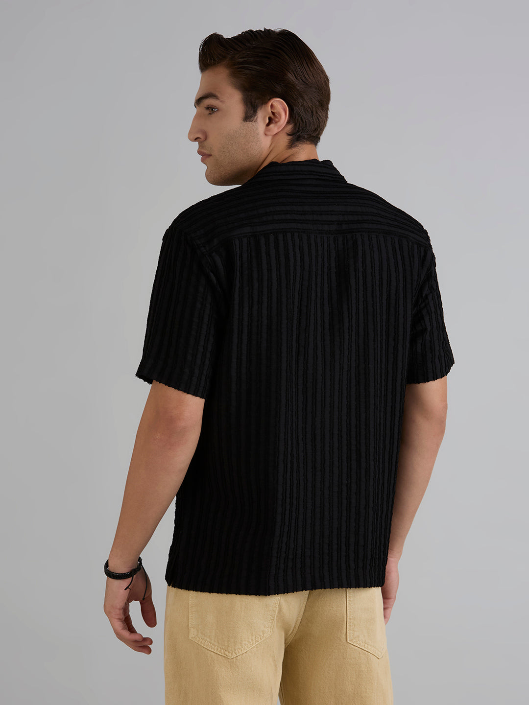 Mark Half-Sleeves Textured Cuban Collar Shirt - Black