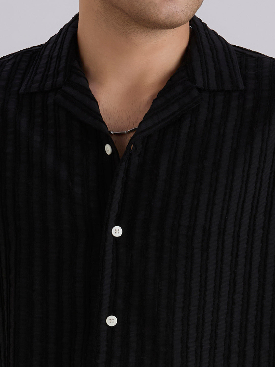 Mark Half-Sleeves Textured Cuban Collar Shirt - Black