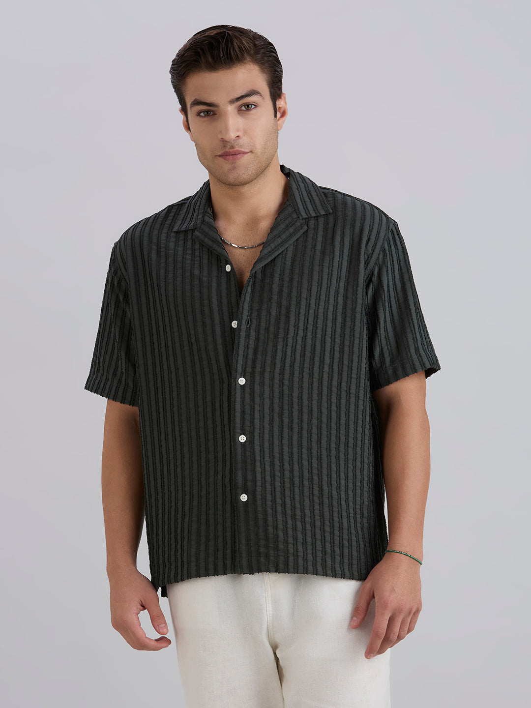 Mark Half-Sleeves Textured Cuban Collar Shirt - Green