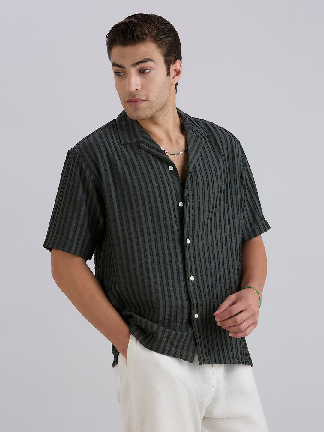 Mark Half-Sleeves Textured Cuban Collar Shirt - Green
