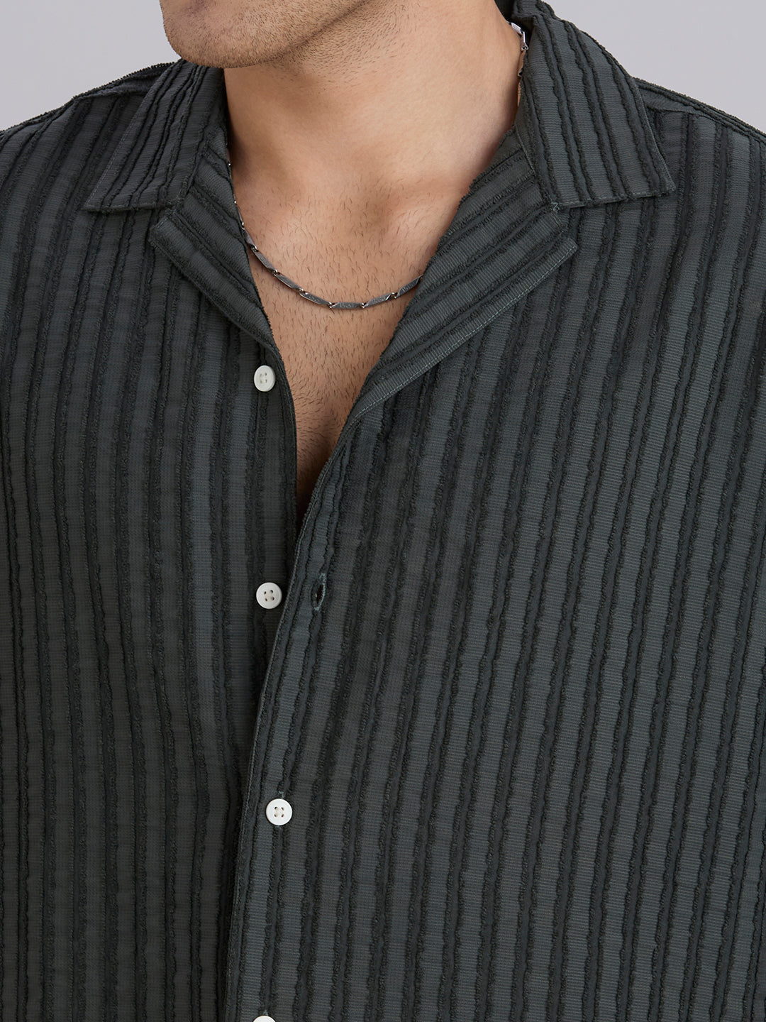 Mark Half-Sleeves Textured Cuban Collar Shirt - Green