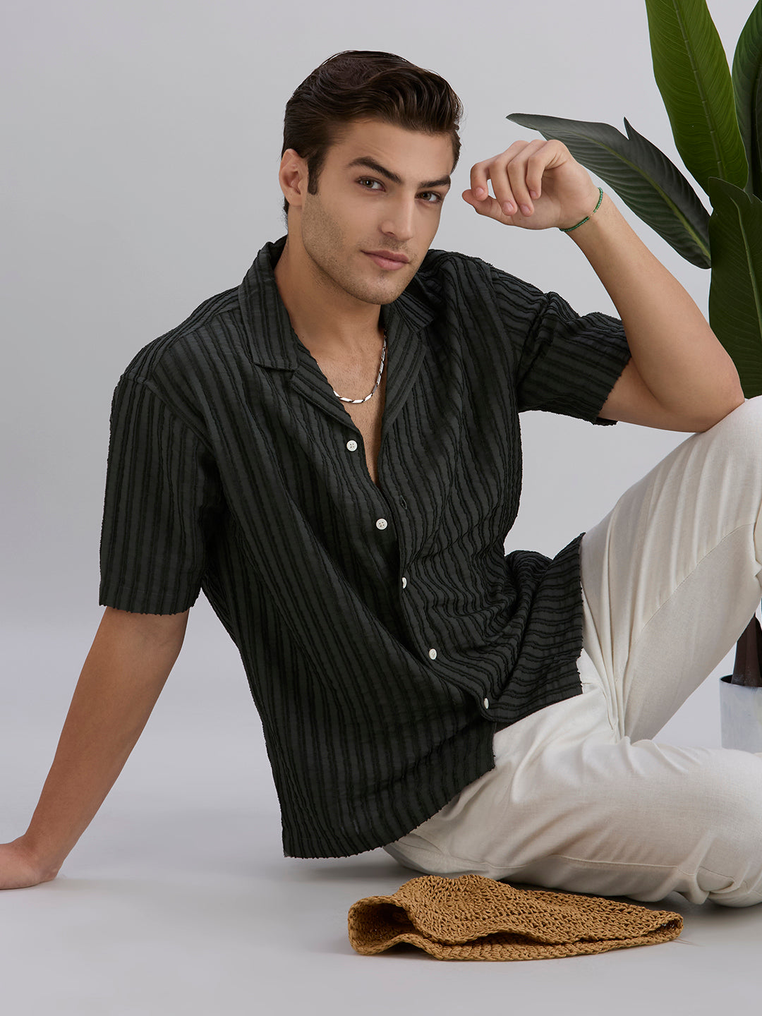 Mark Half-Sleeves Textured Cuban Collar Shirt - Green