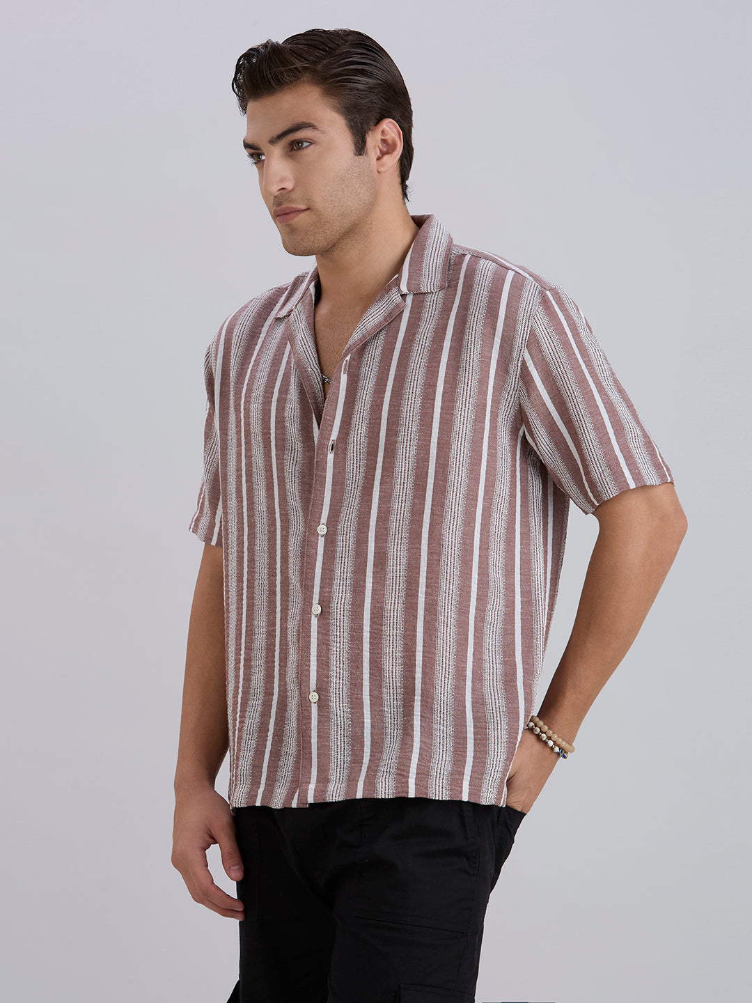 Span Half-Sleeves Striped Cuban Collar Shirt - Brown