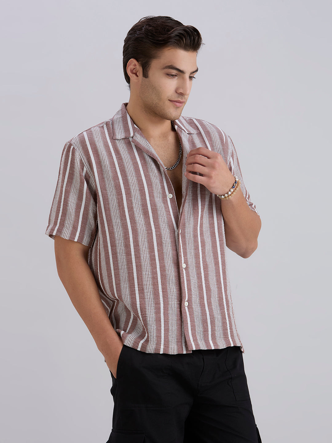 Span Half-Sleeves Striped Cuban Collar Shirt - Brown