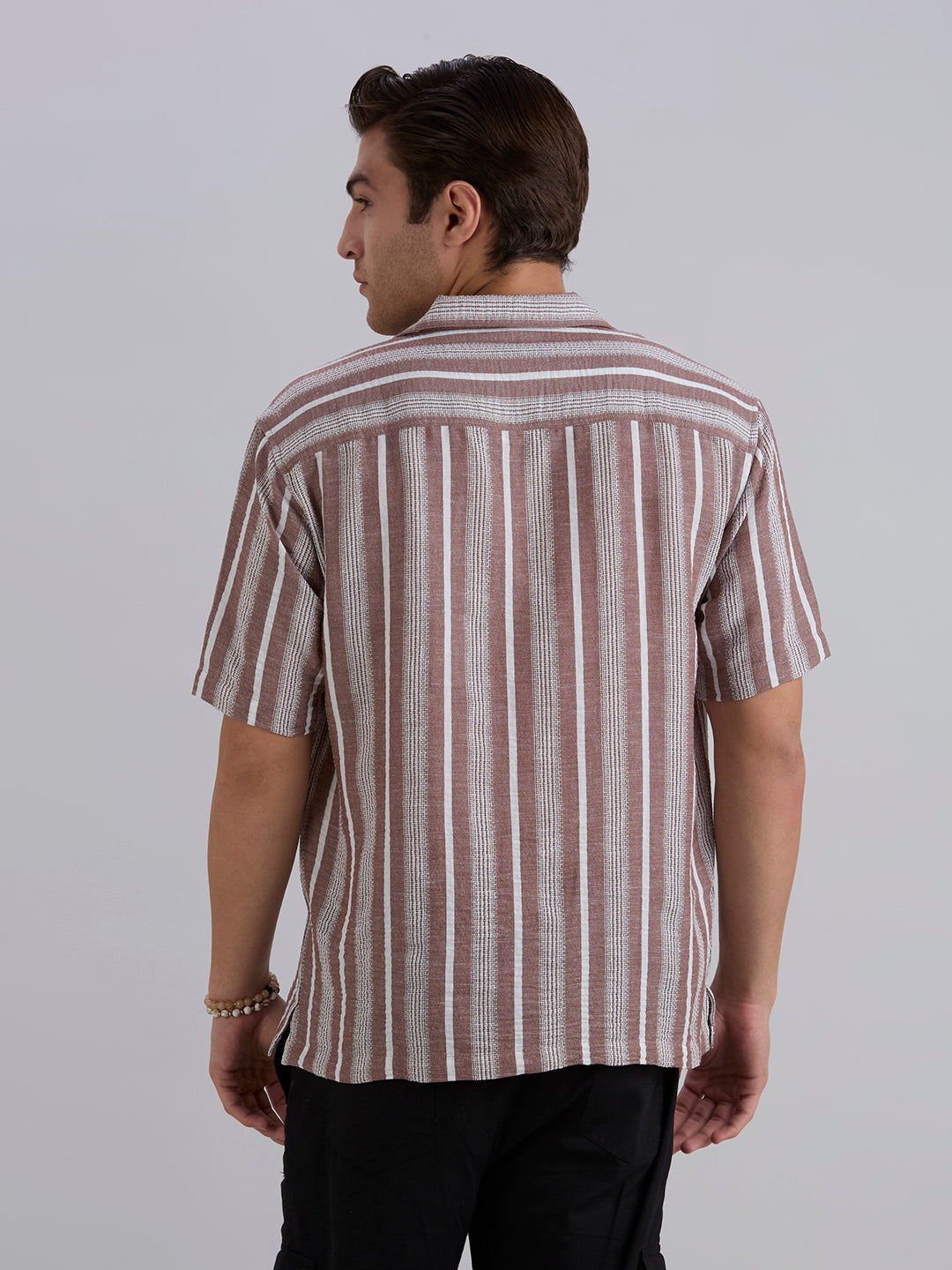 Span Half-Sleeves Striped Cuban Collar Shirt - Brown