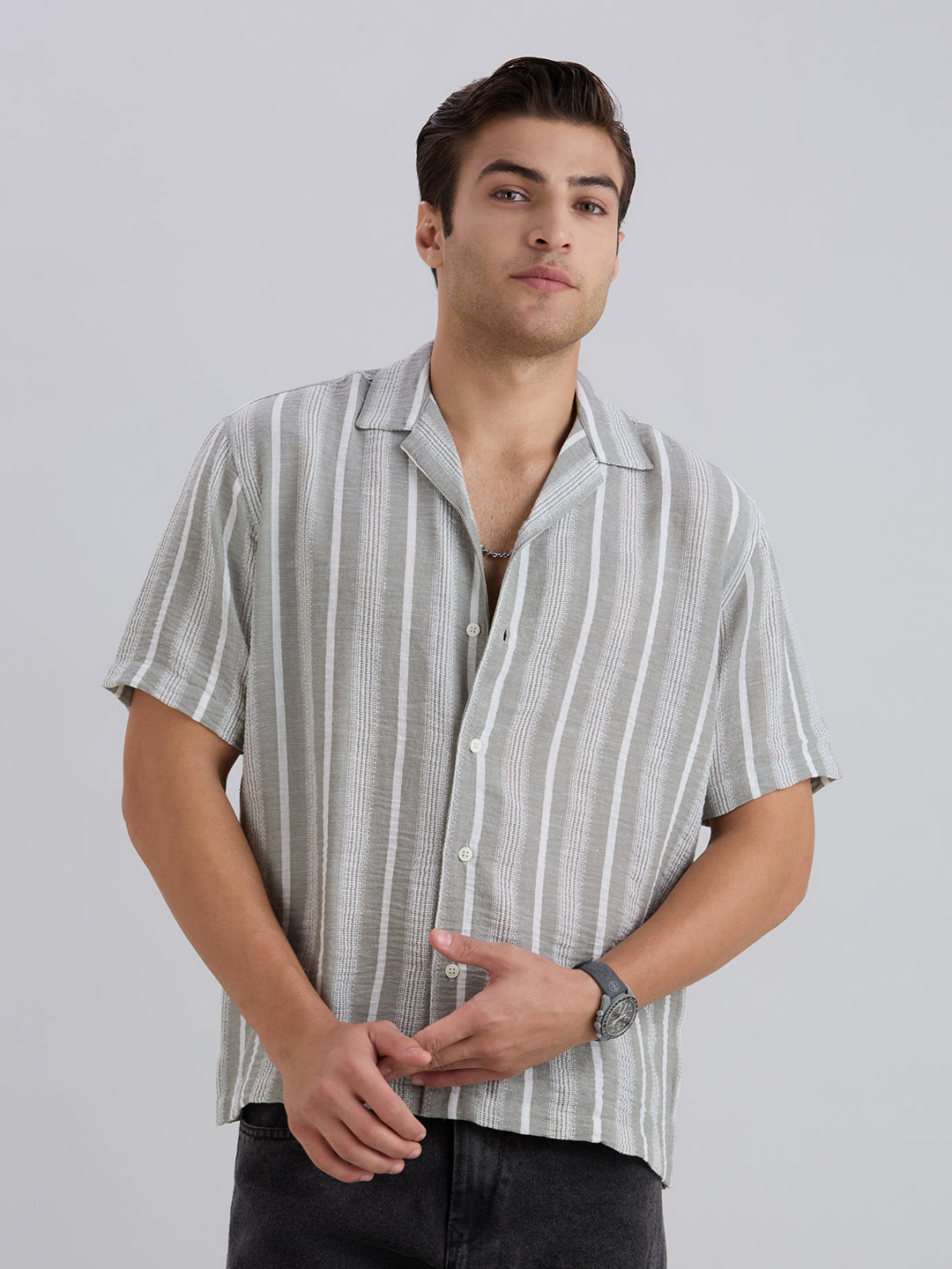 Span Half-Sleeves Striped Cuban Collar Shirt - Grey
