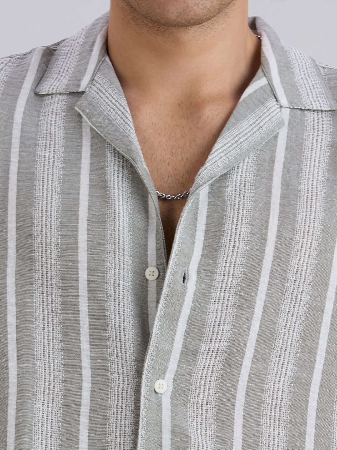 Span Half-Sleeves Striped Cuban Collar Shirt - Grey