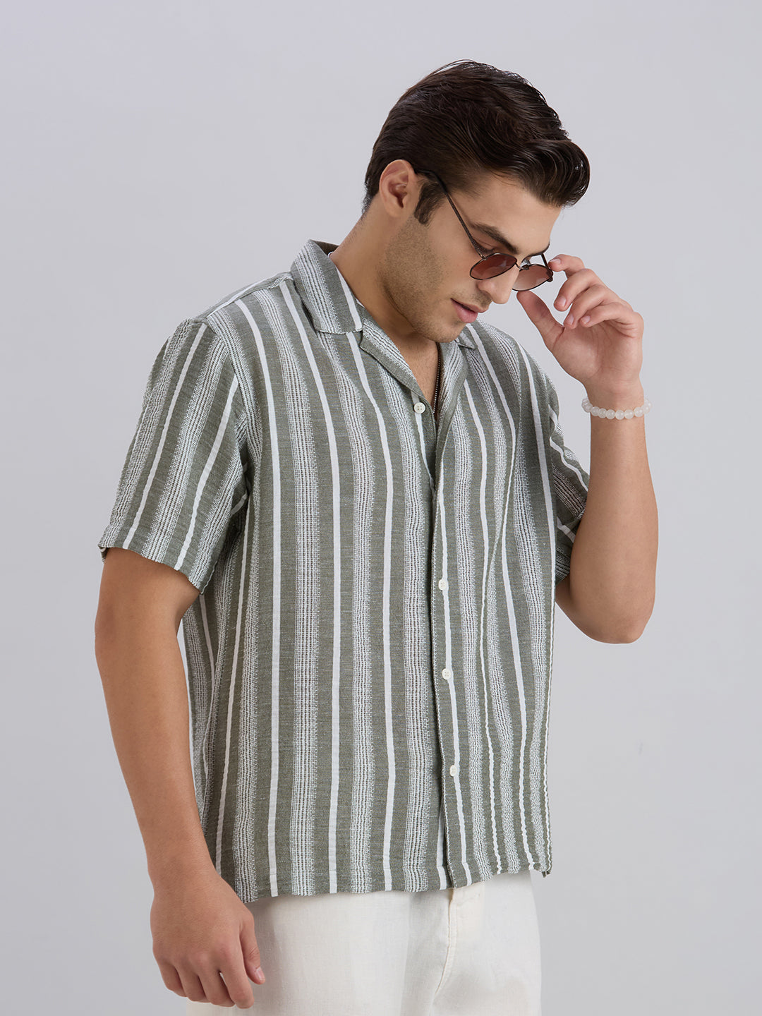 Span Half-Sleeves Striped Cuban Collar Shirt - Green