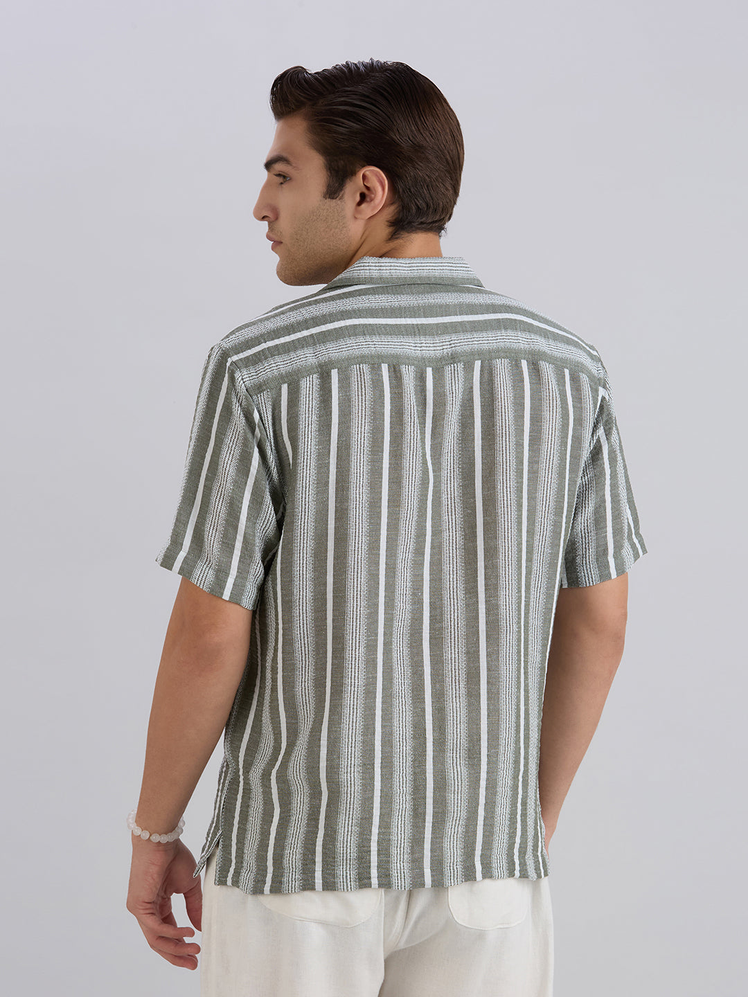 Span Half-Sleeves Striped Cuban Collar Shirt - Green